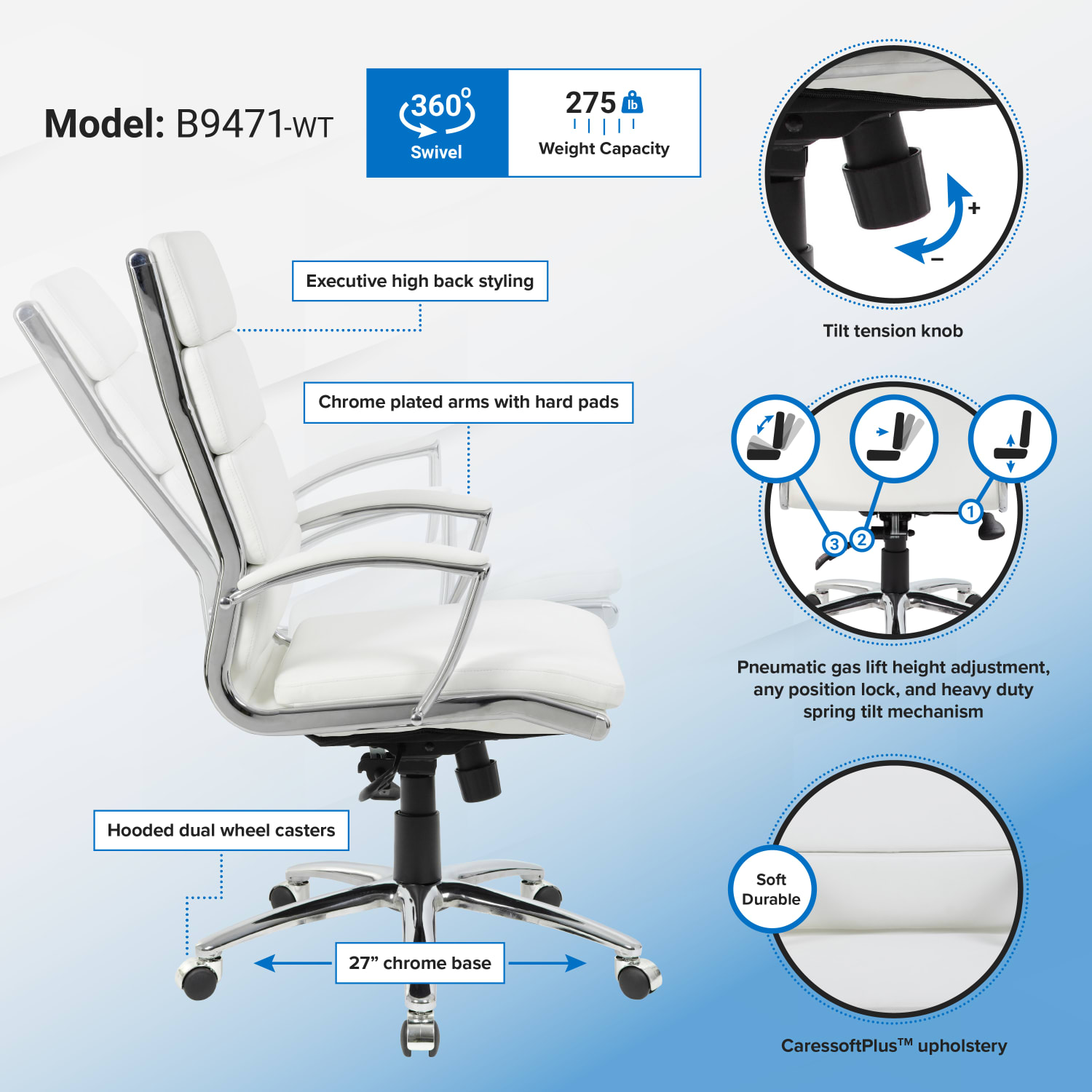 Boss Office Products CaressoftPlus Ergonomic Executive High Back Chair WhiteChrome PopularChairscom