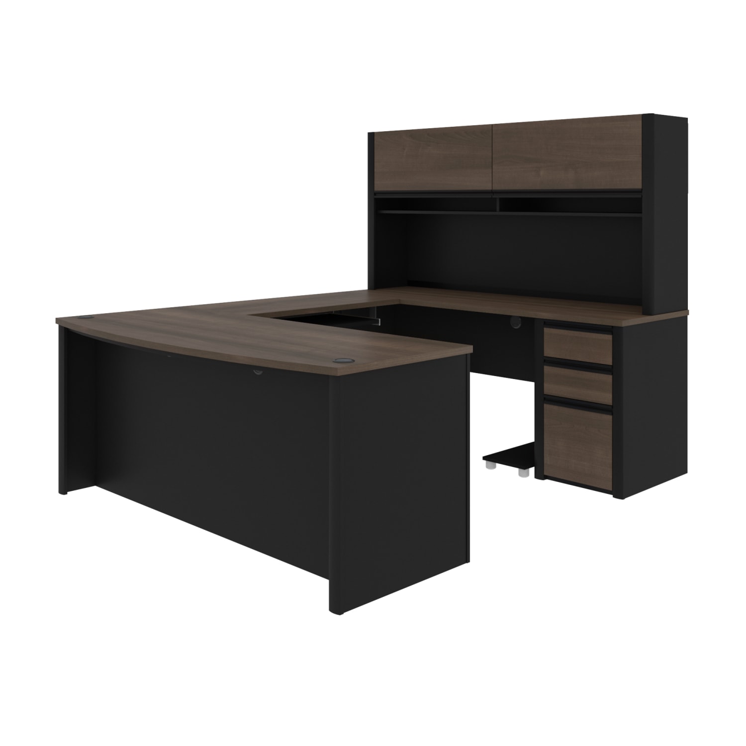 Bestar Connexion 72inW U-Shaped Executive Computer Desk With Pedestal And Hutch, Antigua/Black - Image 3