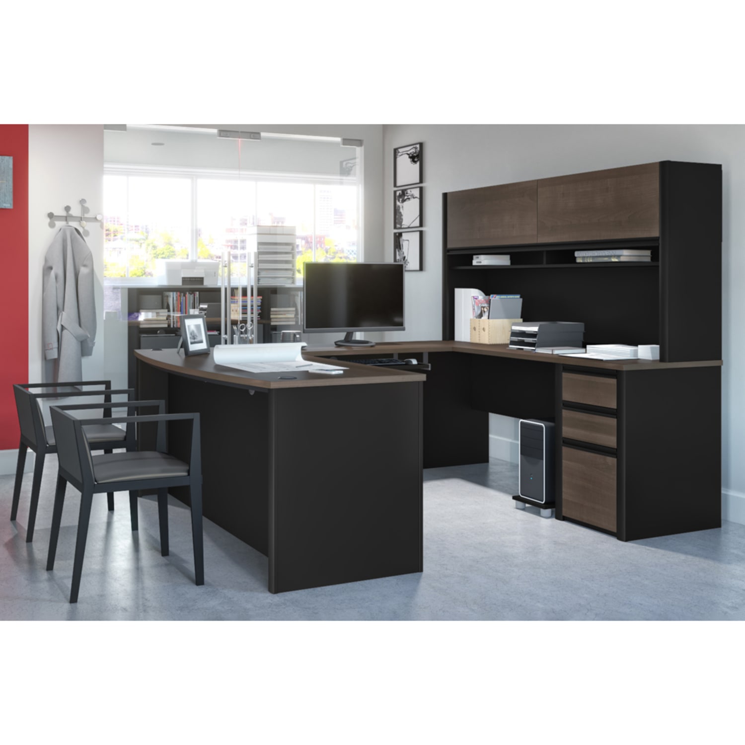 Bestar Connexion 72inW U-Shaped Executive Computer Desk With Pedestal And Hutch, Antigua/Black - Image 4