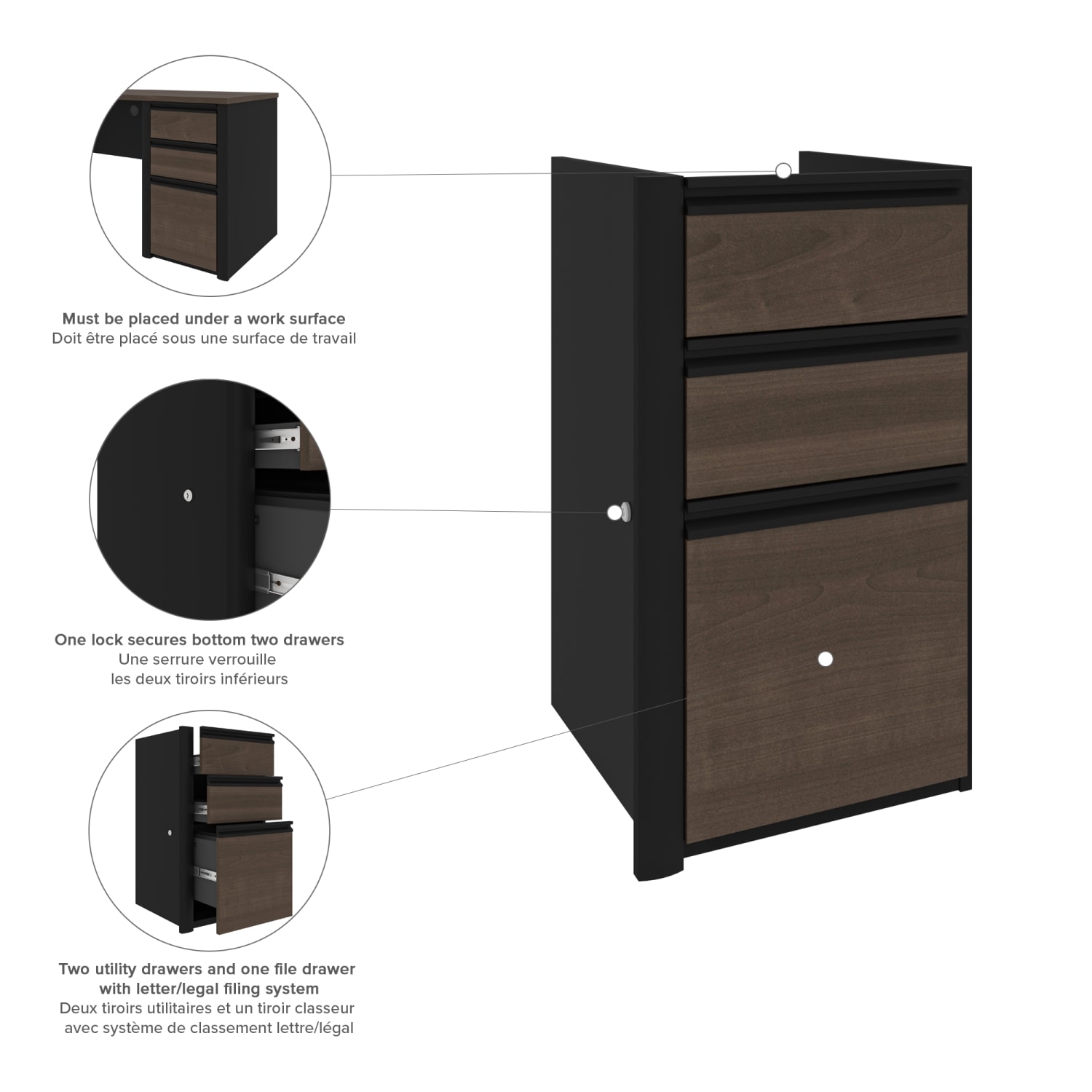 Bestar Connexion 72inW U-Shaped Executive Computer Desk With Pedestal And Hutch, Antigua/Black - Image 6