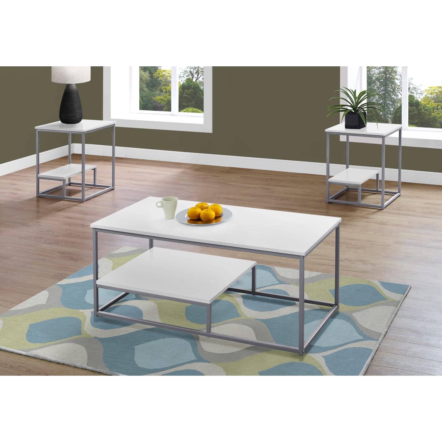 Monarch Specialties Coffee Table With Two 18inW Square End Tables, White/Silver - Image 3
