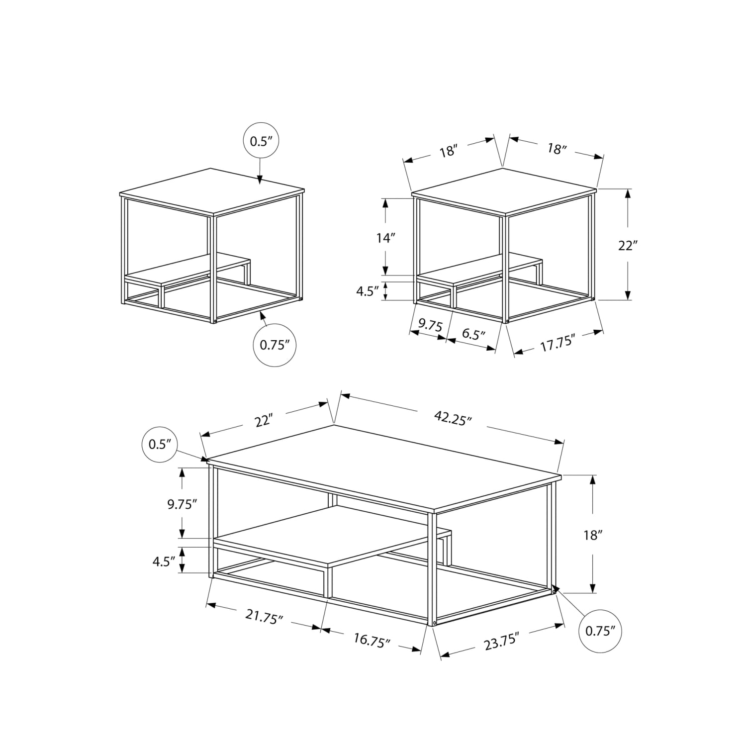 Monarch Specialties Coffee Table With Two 18inW Square End Tables, White/Silver - Image 5