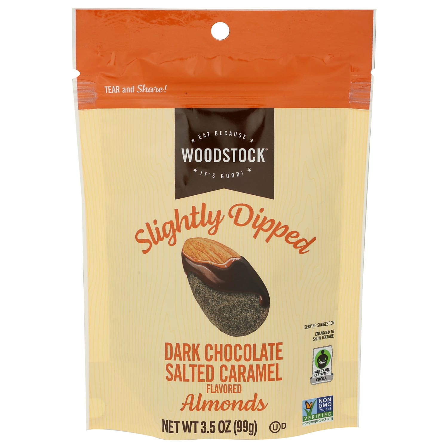 Woodstock Slightly Dipped Almonds, Dark Chocolate Salted Caramel, 3.5 Oz, Total Qty 8