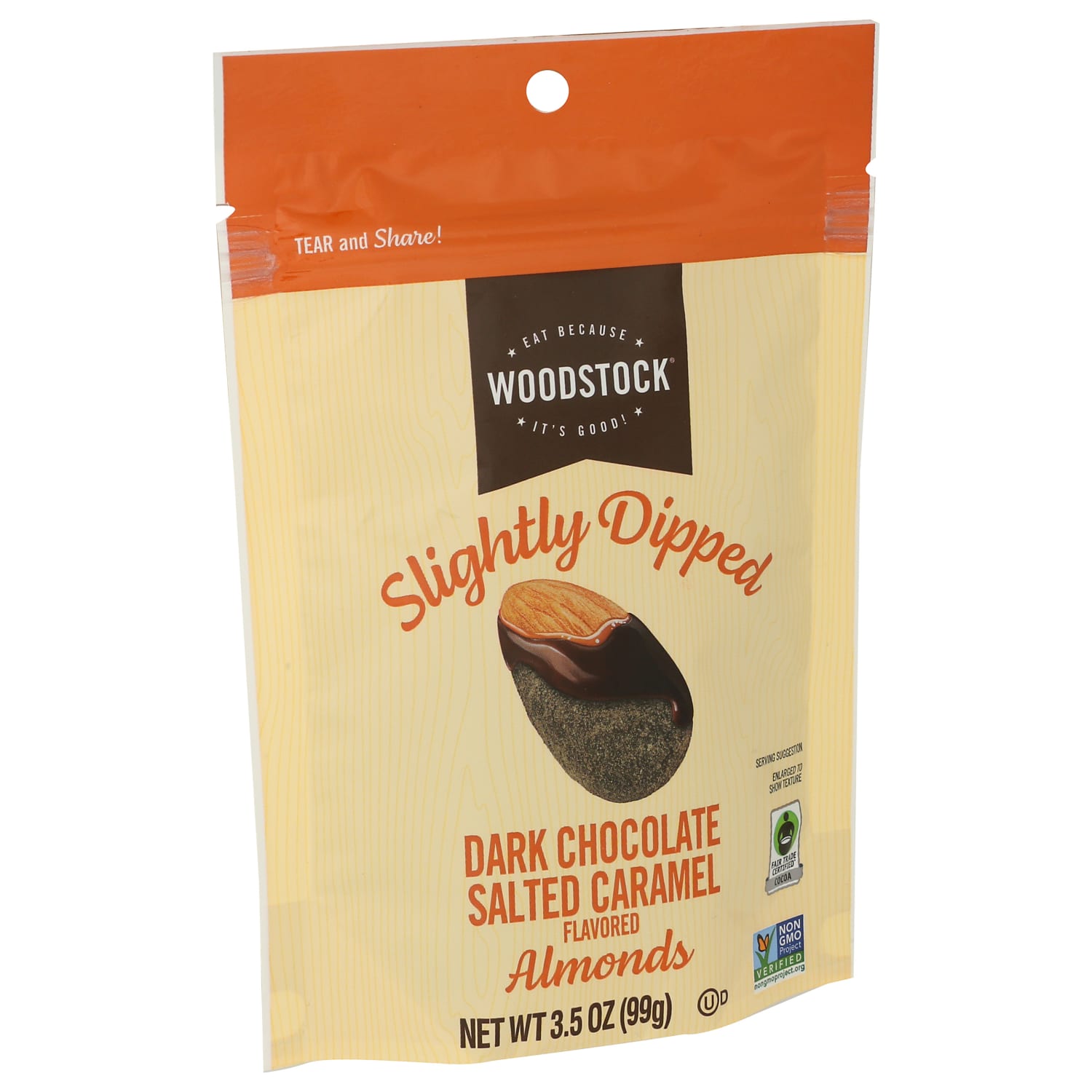 Woodstock Slightly Dipped Almonds, Dark Chocolate Salted Caramel, 3.5 Oz, Total Qty 8 - Image 3