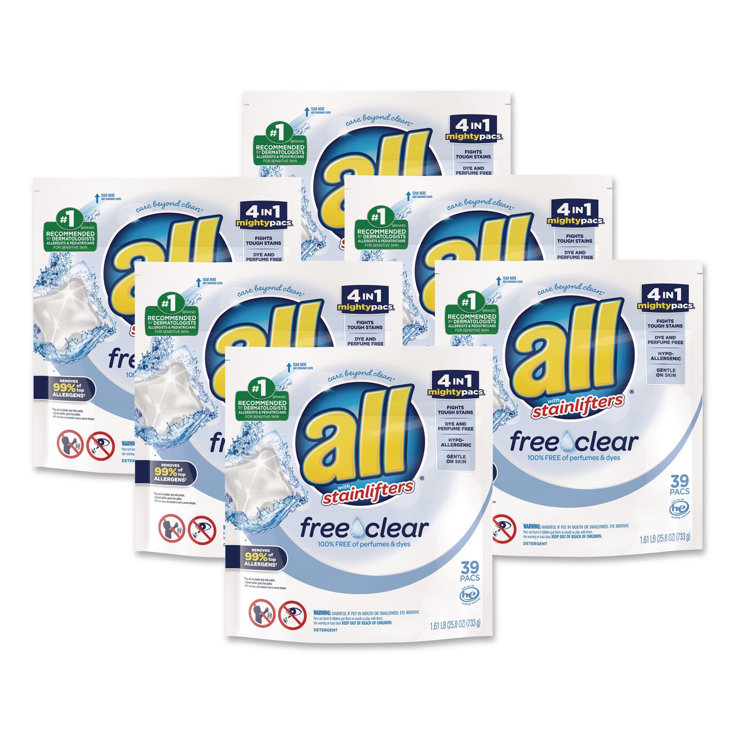 All Mighty Pacs Free and Clear Super Concentrated Laundry Detergent, 39/Pack, 6 Packs/Carton