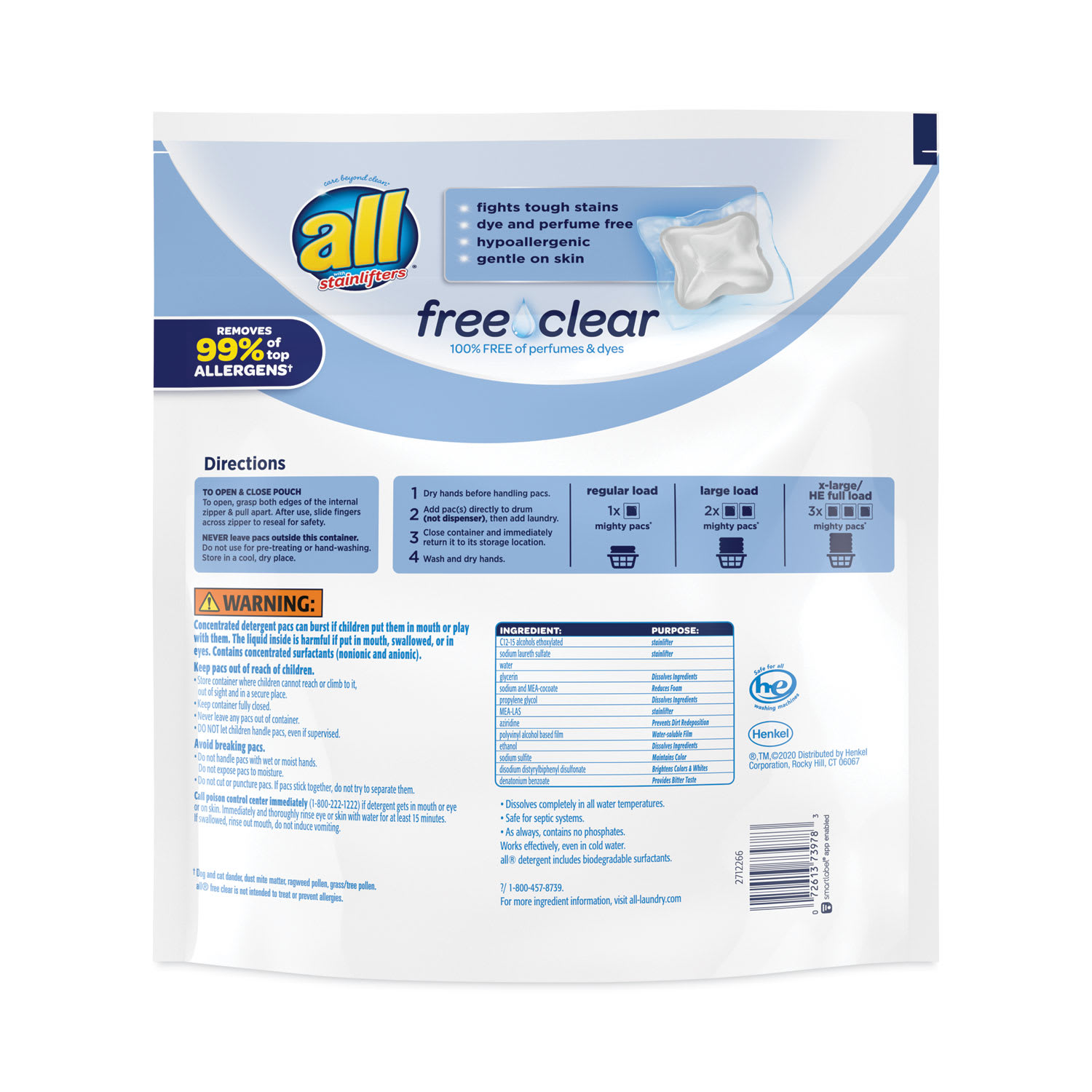 All Mighty Pacs Free and Clear Super Concentrated Laundry Detergent, 39/Pack, 6 Packs/Carton - Image 4