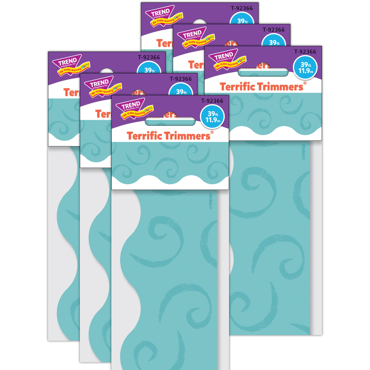 Trend Terrific Trimmers Packs, 39' x 2-1/4in, Teal Swirls, Set Of 6 Packs