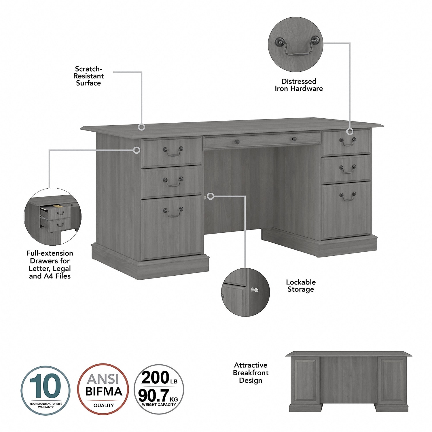 Bush Furniture Saratoga Executive 66inW Computer Desk With Drawers, Modern Gray, Standard Delivery - Image 4