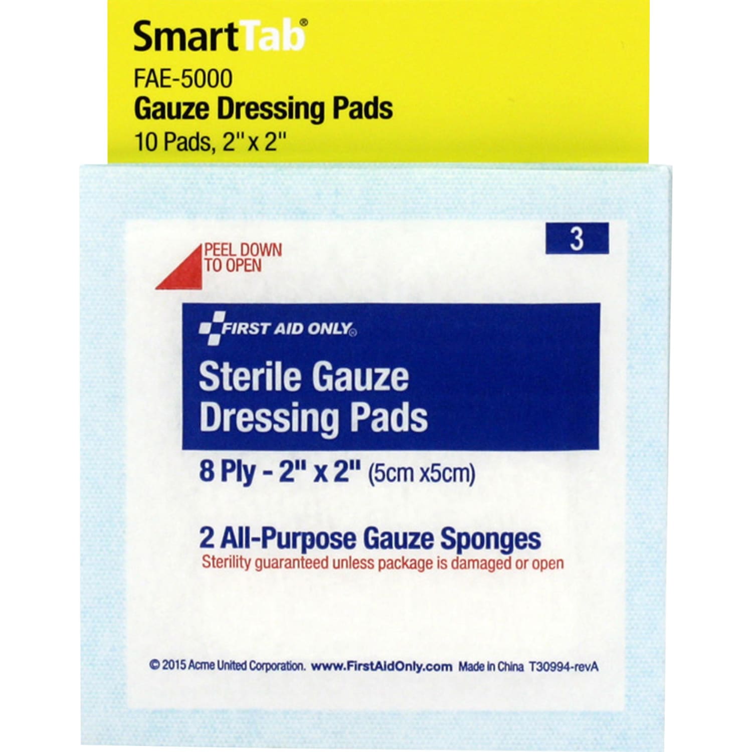 First Aid Only Sterile Gauze Dressing Pads - 8 Ply - 2in Width x 2in Length - White - 10 / Pack - Image 3
