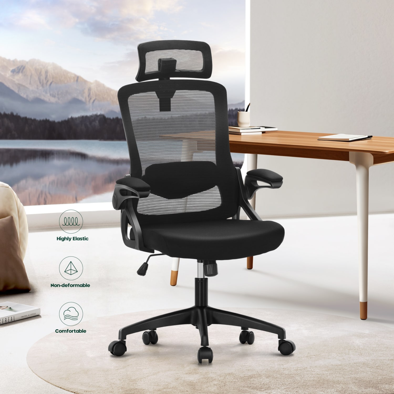 ALPHA HOME Ergonomic Mesh Mid-Back Office Task Chair With Adjustable Headrest, Black - Image 3