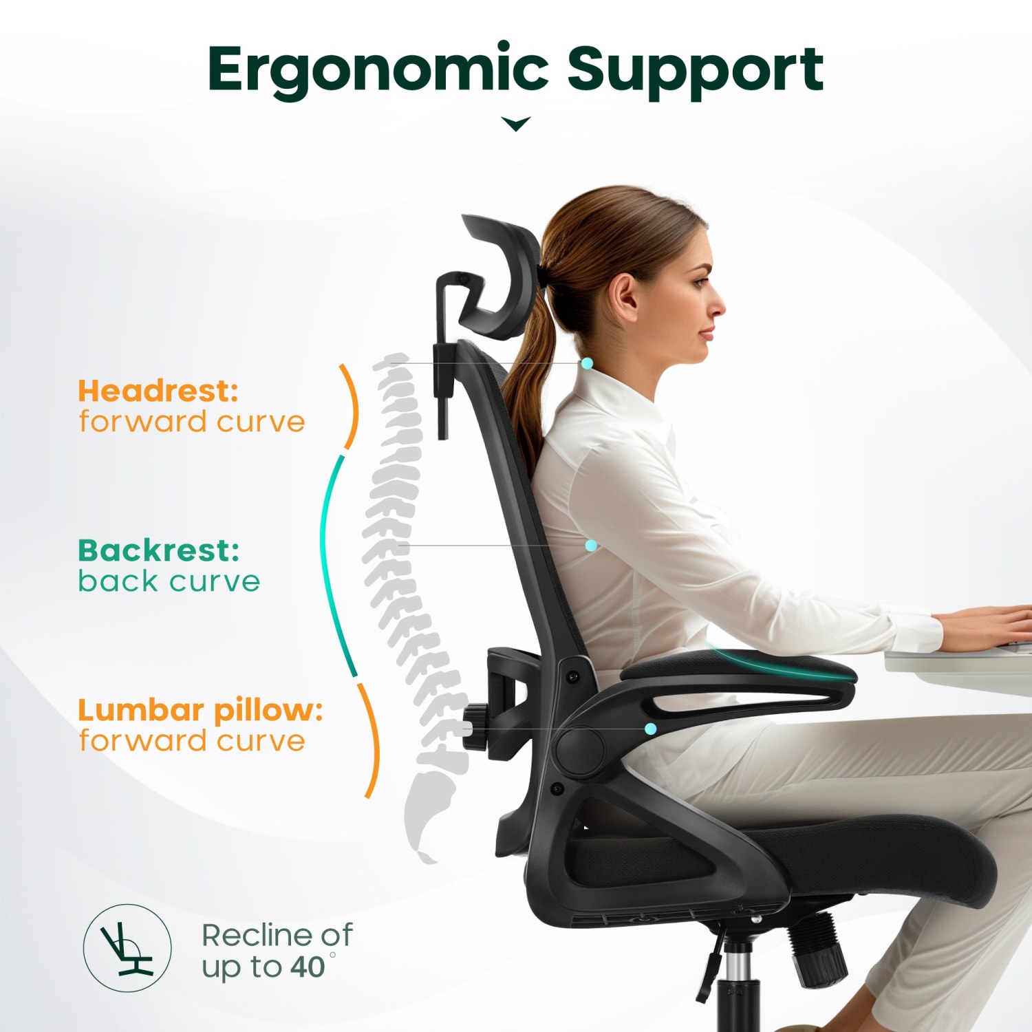 ALPHA HOME Ergonomic Mesh Mid-Back Office Task Chair With Adjustable Headrest, Black - Image 8