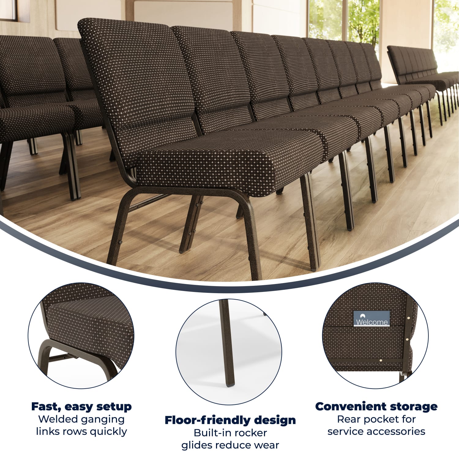 Flash Furniture HERCULES Series 21inW Stackable Church Chair, Brown/Goldvein - Image 4