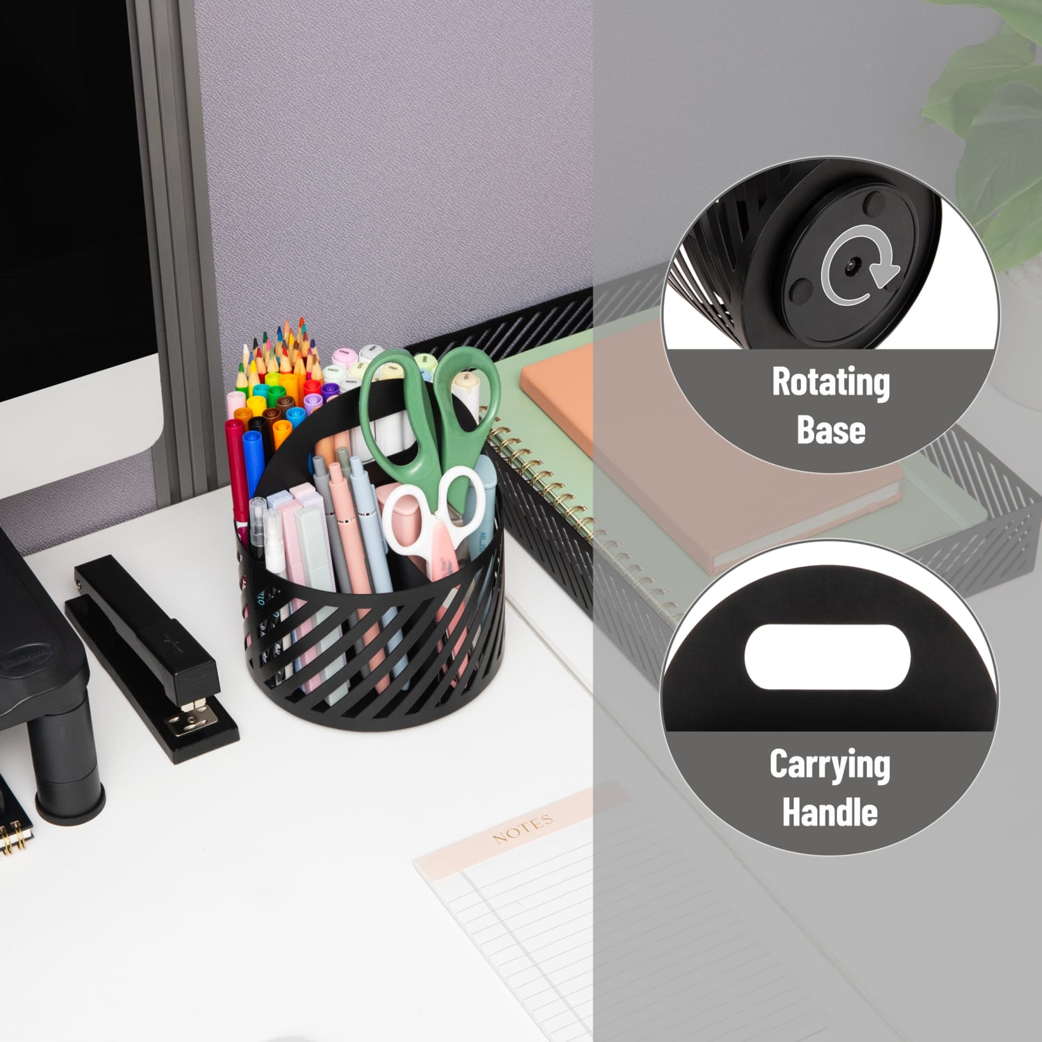Mind Reader 4-Compartment Round Metal Desktop Carousel Organizer With Handle, 7-1/4inH x 6inW x 6inD, Black, Total Qty 1 - Image 6