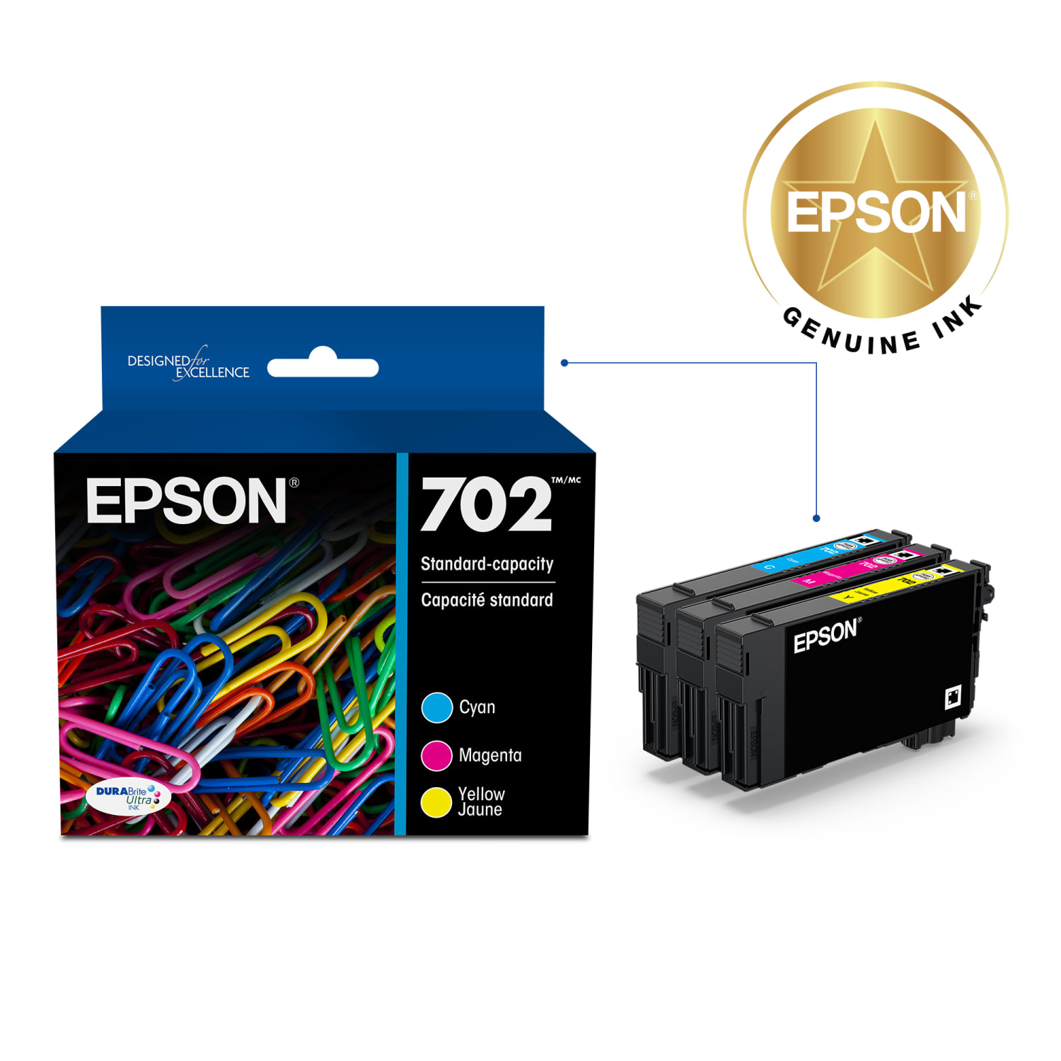 Epson 702 DuraBrite Ultra Cyan, Magenta, Yellow Ink Cartridges, Pack Of 3, T702520-S - Image 3