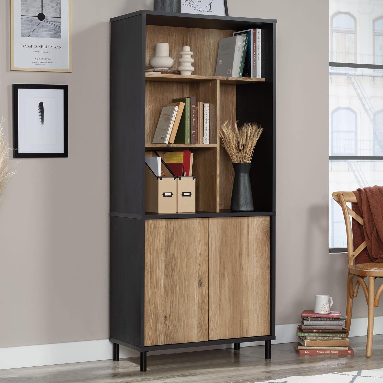 Sauder Acadia Way 70inH 5-Shelf Vertical Library Bookcase, Raven Oak/Timber Oak - Image 3