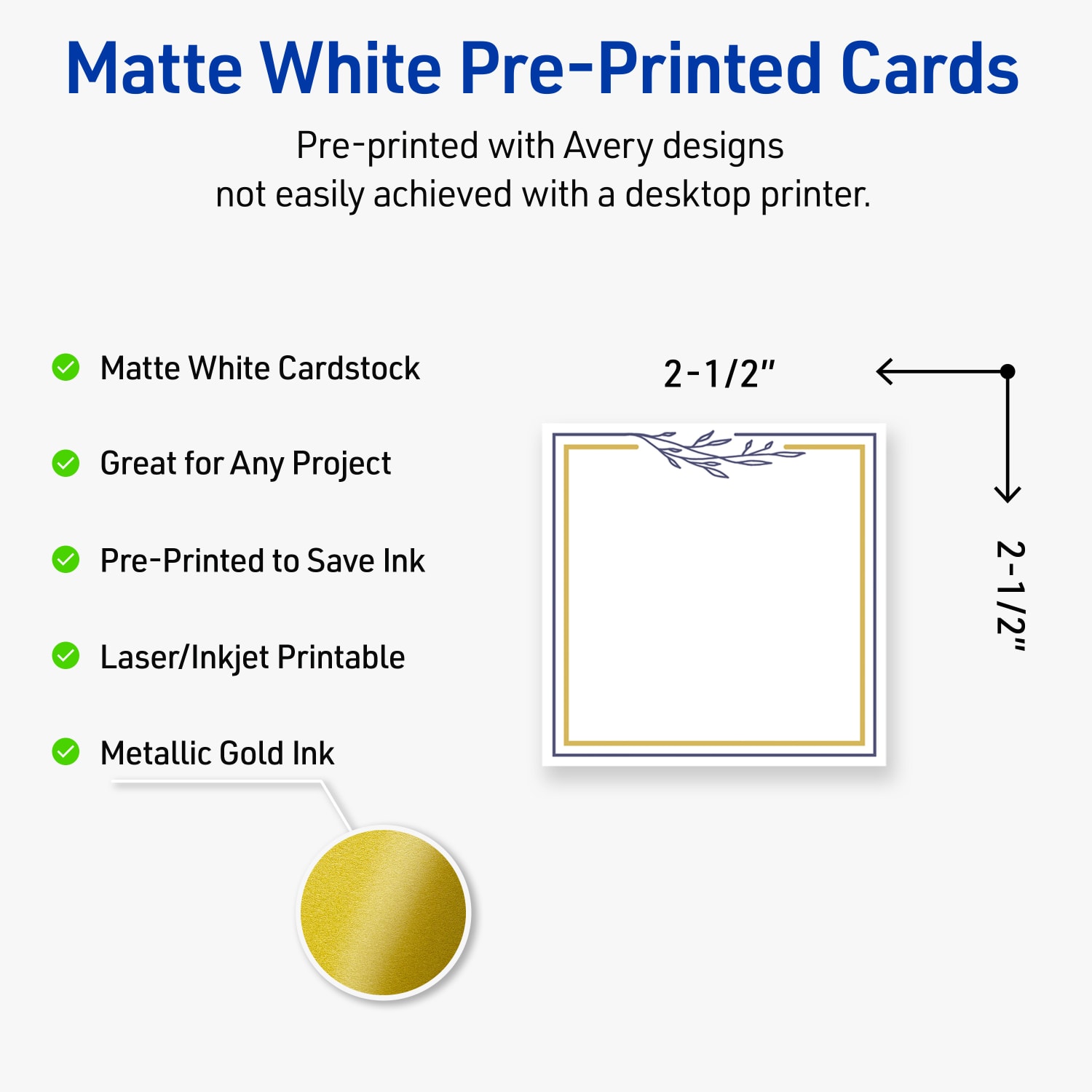 Avery Printable Cards With Sure Feed Technology, 2-1/2in x 2-1/2in, Matte White With Floral Gold/Navy Border, Pack Of 90 - Image 4