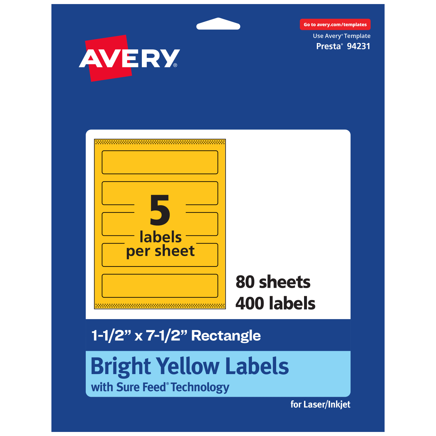 Avery Print-To-The-Edge Labels With Sure Feed Technology, 94231-BYP80, Rectangle, 1-1/2in x 7-1/2in, Matte Bright Yellow, Pack of 400