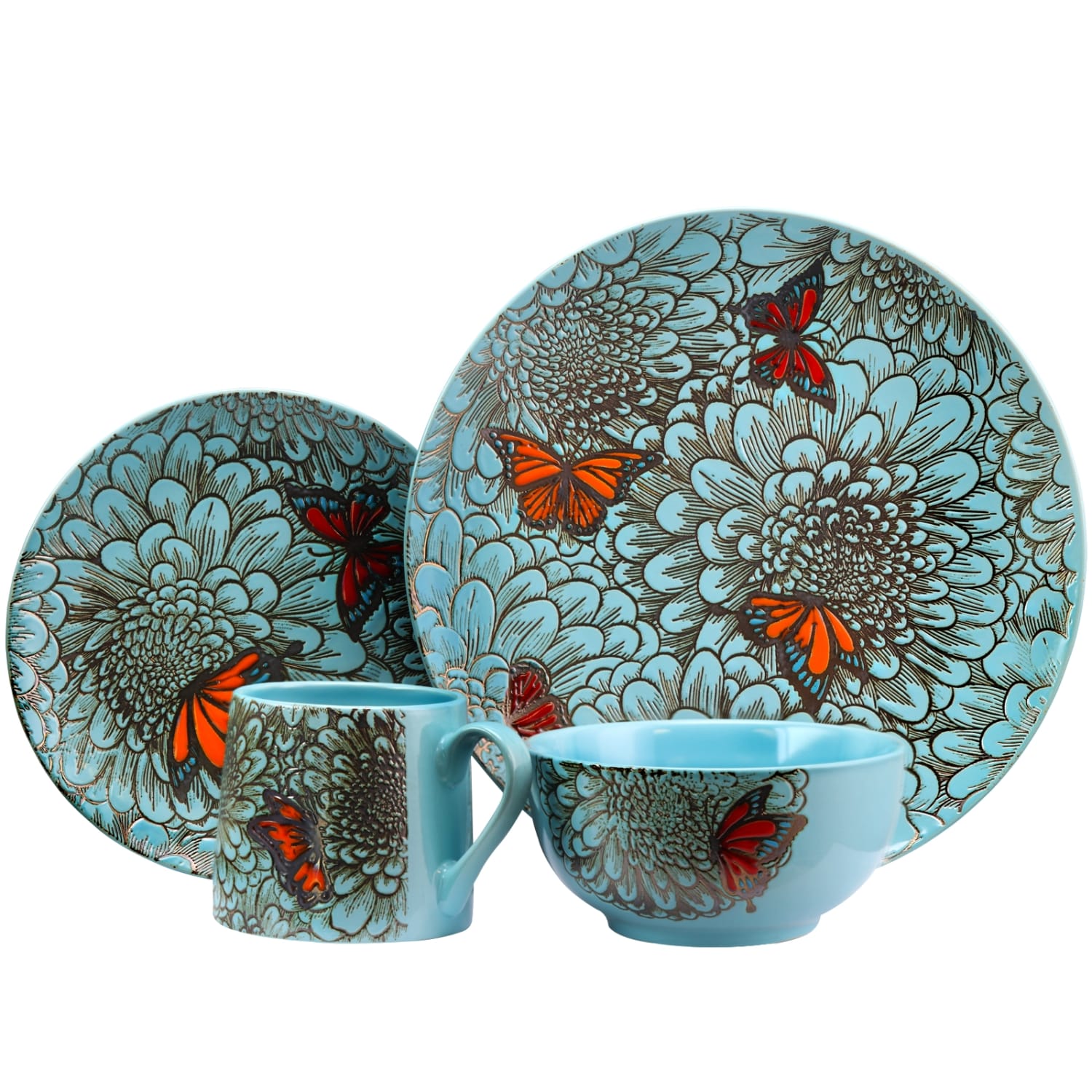 Elama 16-Piece Stoneware Dinnerware Set, Butterfly Garden - Image 4