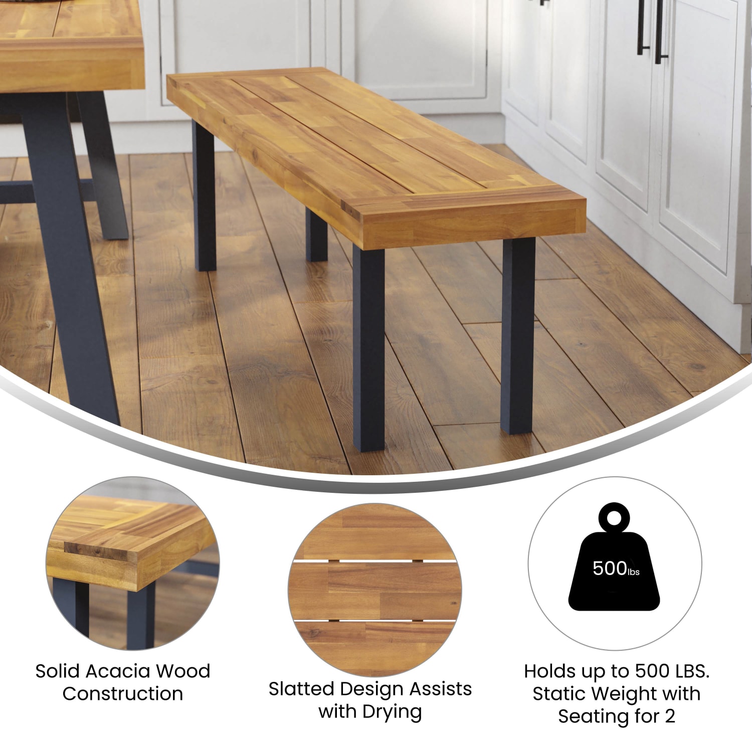 Flash Furniture Martindale Solid Acacia Patio Dining Bench, 17-1/2inH x 59inW x 14-1/2inD, Natural - Image 5