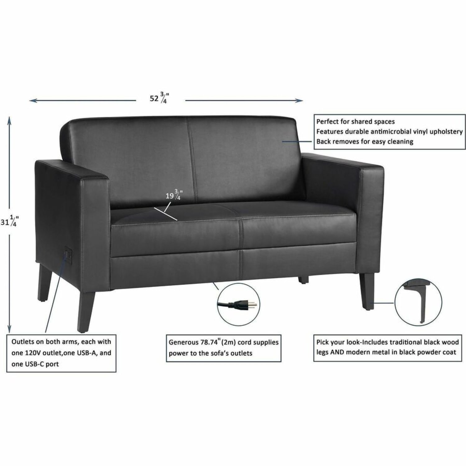 Lorell Clarke Series Loveseat with Antimicrobial Upholstery and Power - 53.2in x 29.8in x 31in Overall Dimension - 1 Each - Image 6