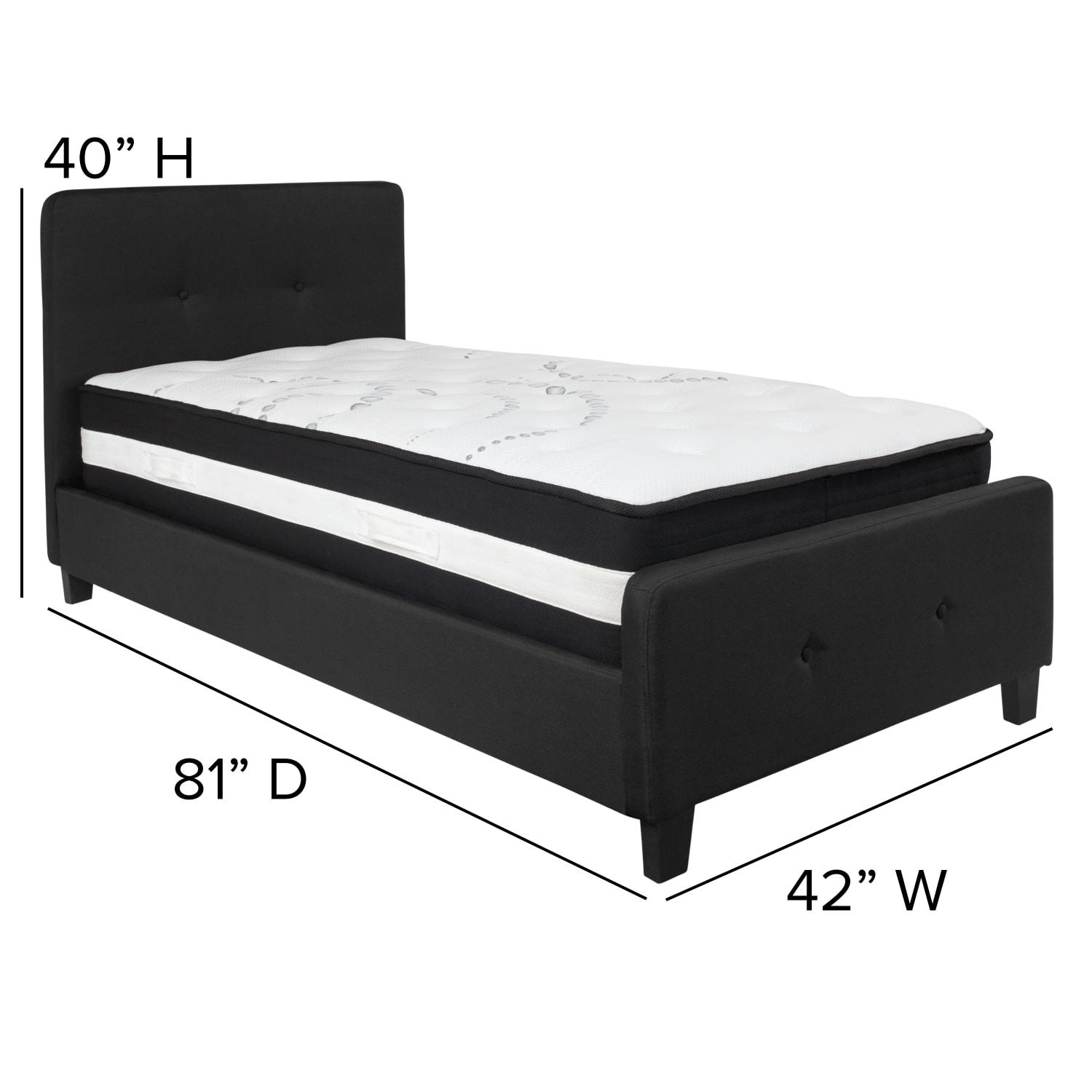 Flash Furniture Tribeca Button Tufted Upholstered Platform Bed with Pocket Spring Mattress, Twin, 40inH x 42inW x 81inL, Black - Image 4