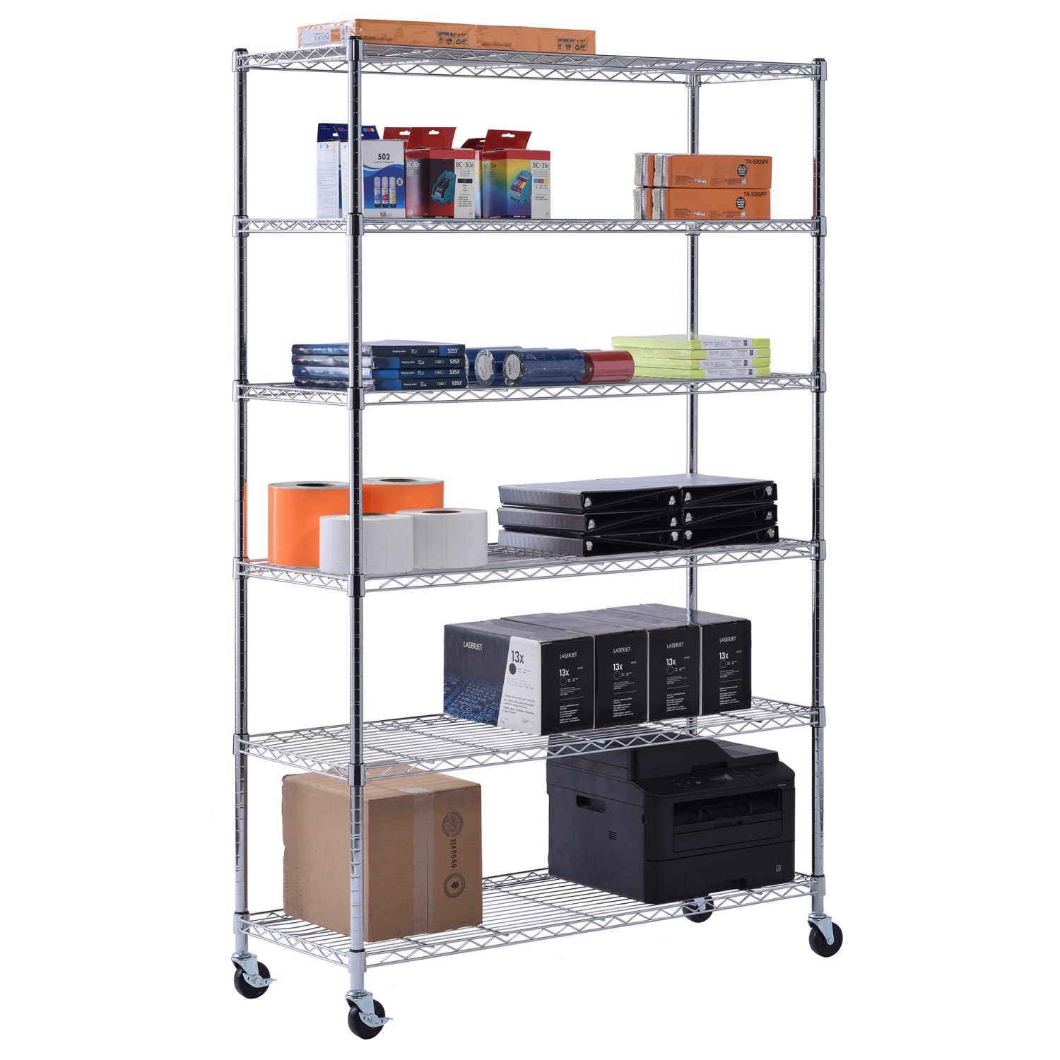 Edsal Muscle Rack Adjustable Mobile Wire Shelving, 6-Tier, 75inH x 48inW x 18inD, Chrome - Image 6