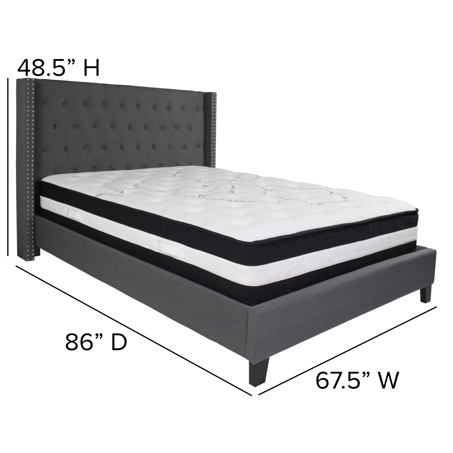 Flash Furniture Riverdale Tufted Upholstered Platform Bed With Accent Nail Trimmed Extended Sides And Pocket Spring Mattress, Queen, Dark Gray - Image 5
