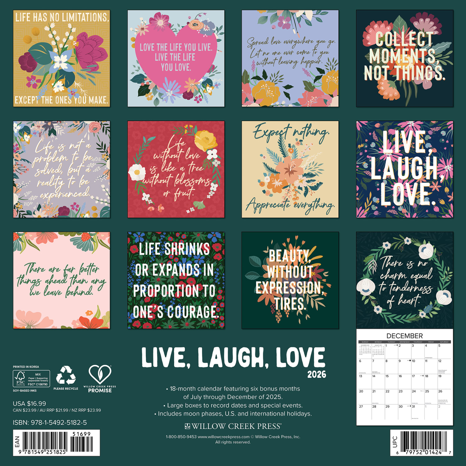 2026 Willow Creek Press Inspirational Monthly Wall Calendar, 12in x 12in, Live, Laugh, Love, January To December, 51825 - Image 6