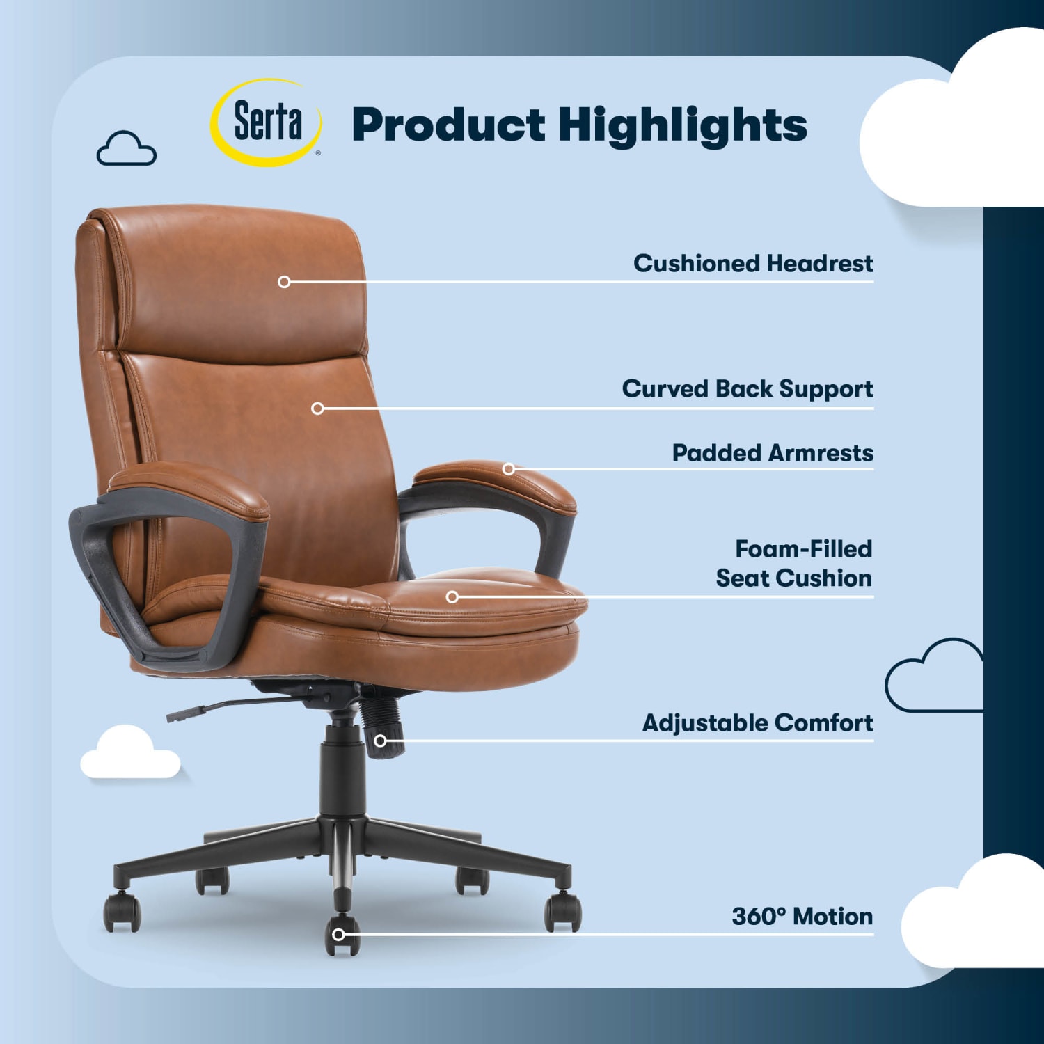 Serta Comfort Ergo Ergonomic Bonded Leather Mid-Back Executive Office Chair, Cognac - Image 5