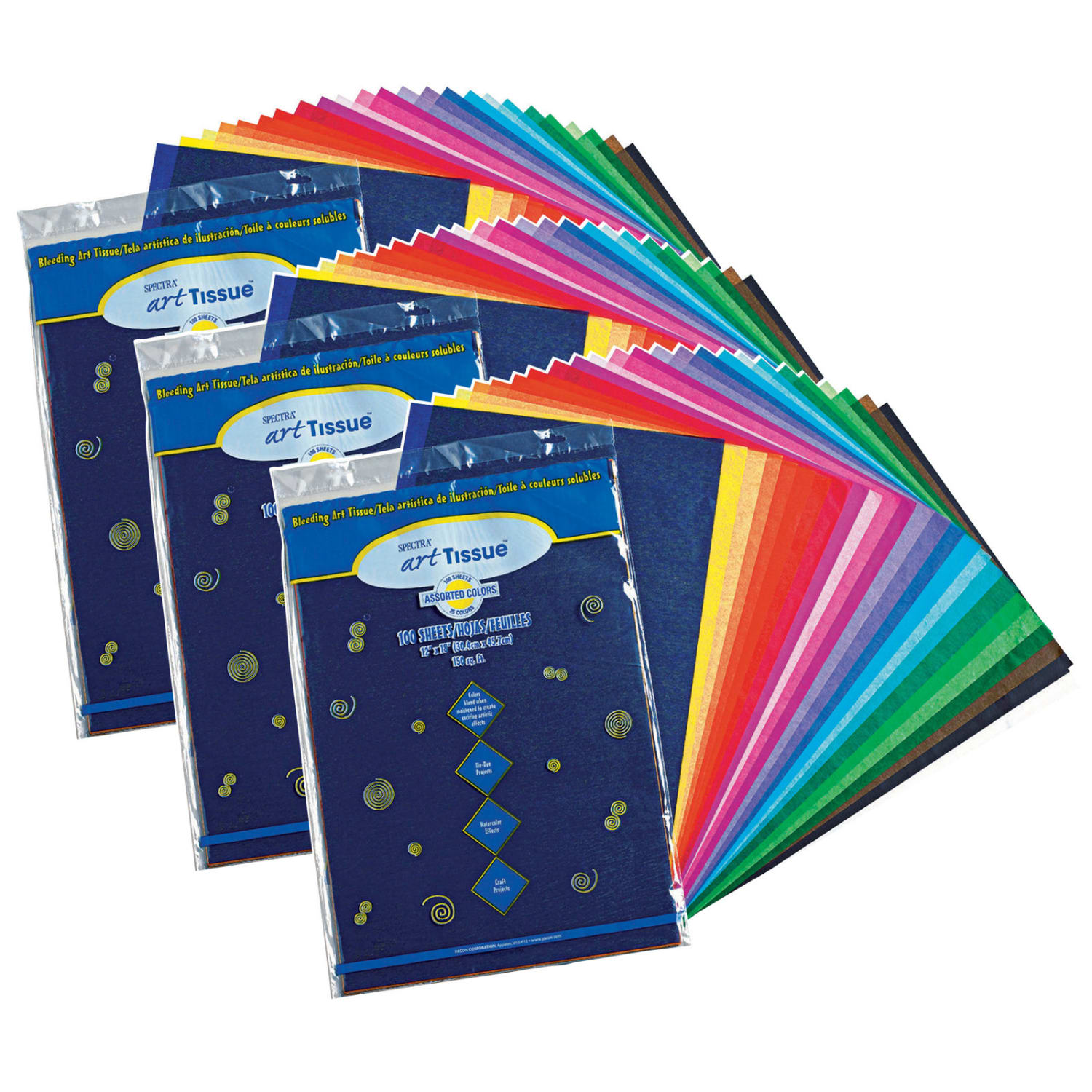 Spectra Deluxe Bleeding Art Tissue, 12in X 18in, Assorted Colors, 100 Sheets Per Pack, Set Of 3 Packs
