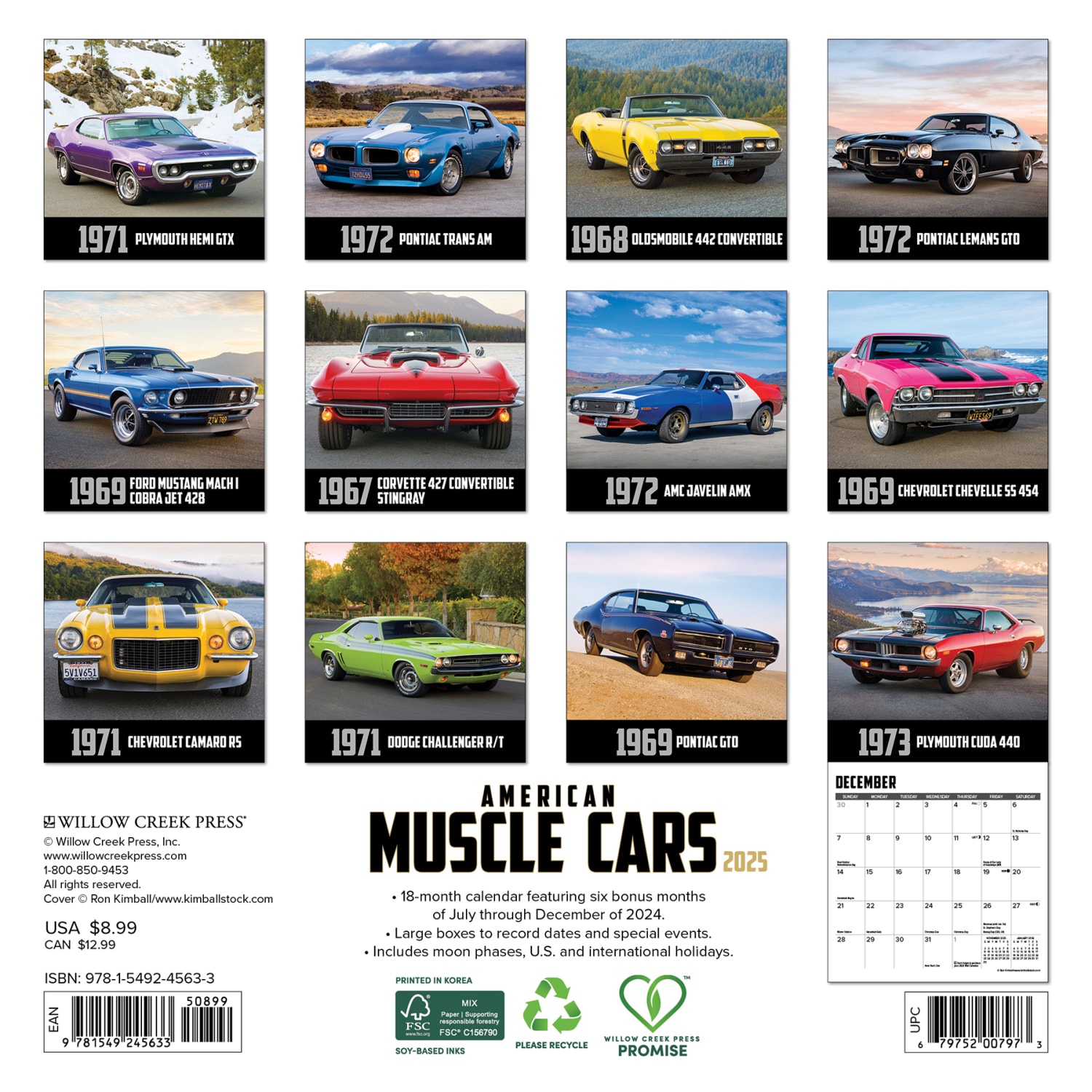 2025 Willow Creek Press Mini Wall Calendar, 7in x 7in, American Muscle Cars, January 2025 To December 2025, 45633 - Image 6