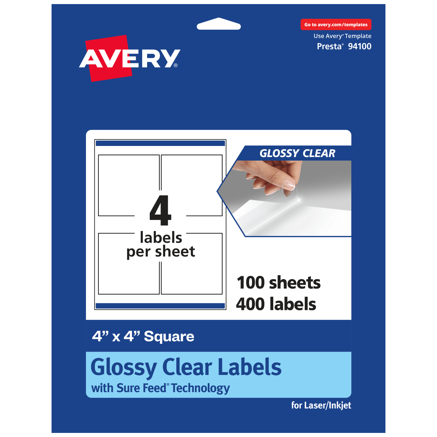 Avery Glossy Permanent Labels With Sure Feed, 94100-CGF100, Square, 4in x 4in, Clear, Pack Of 400