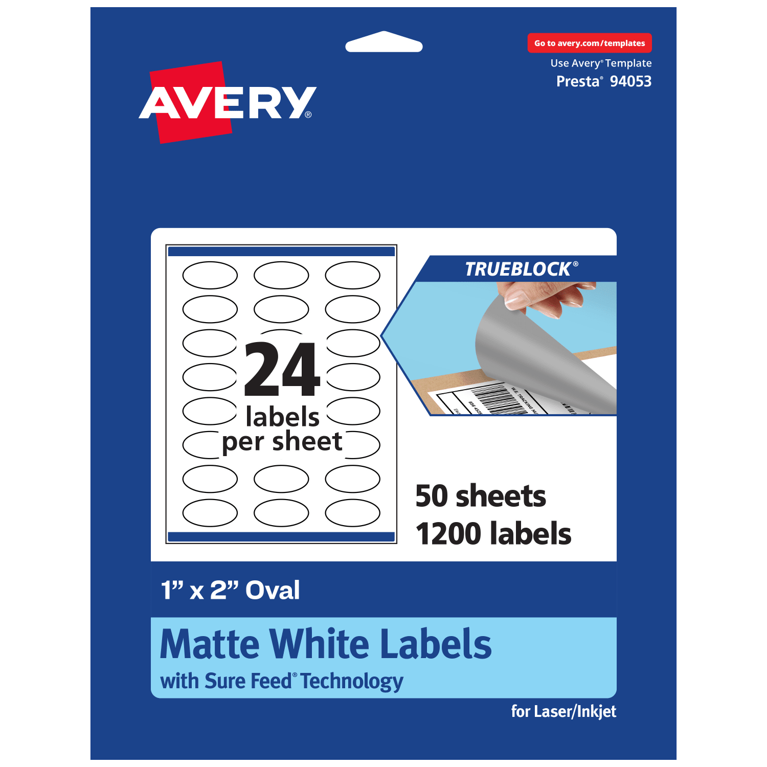 Avery Print-To-The-Edge TrueBlock Labels With Sure Feed, 94053-TWMP50, Oval, 1in x 2in, Matte White, Pack Of 1200