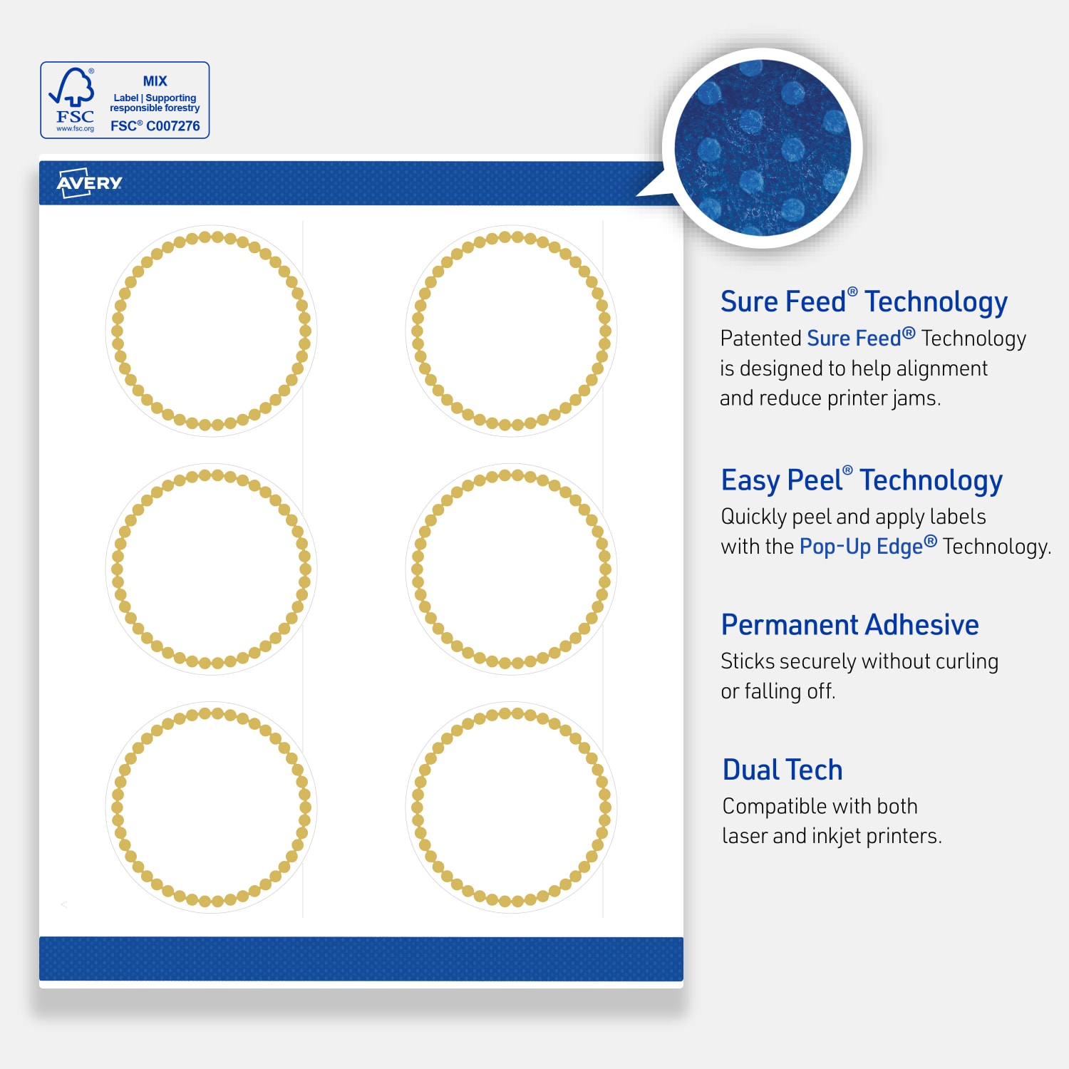 Avery Print-To-The-Edge Labels With Sure Feed Technology, S00-DJ9-PRWMP10, Round, 3in, Matte White, Preprinted Gold Beads Design, Pack Of 60 - Image 5