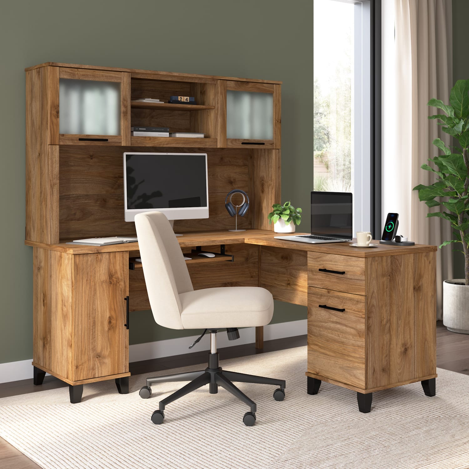 Bush Business Furniture Somerset 60inW L-Shaped Corner Desk With Hutch, Fresh Walnut, Standard Delivery