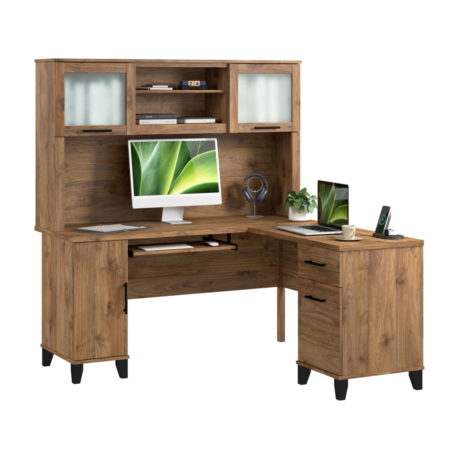 Bush Business Furniture Somerset 60inW L-Shaped Corner Desk With Hutch, Fresh Walnut, Standard Delivery - Image 3