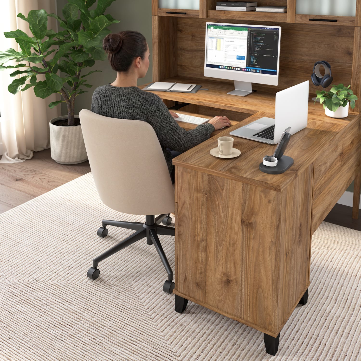 Bush Business Furniture Somerset 60inW L-Shaped Corner Desk With Hutch, Fresh Walnut, Standard Delivery - Image 4