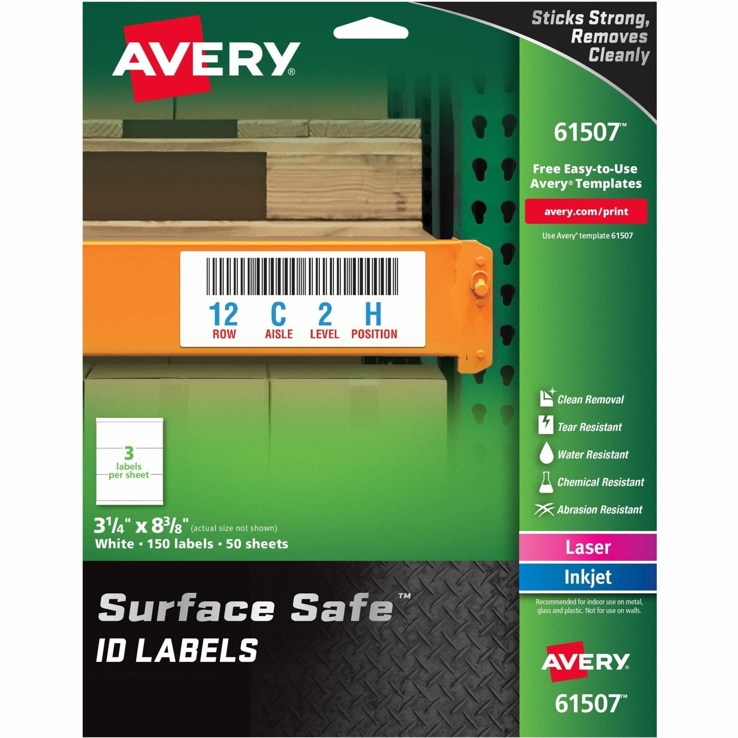Avery Surface Safe ID Labels - Removable Adhesive - 3 1/4inx 8 3/8in - Rectangle - Laser, Inkjet - White - 61507
