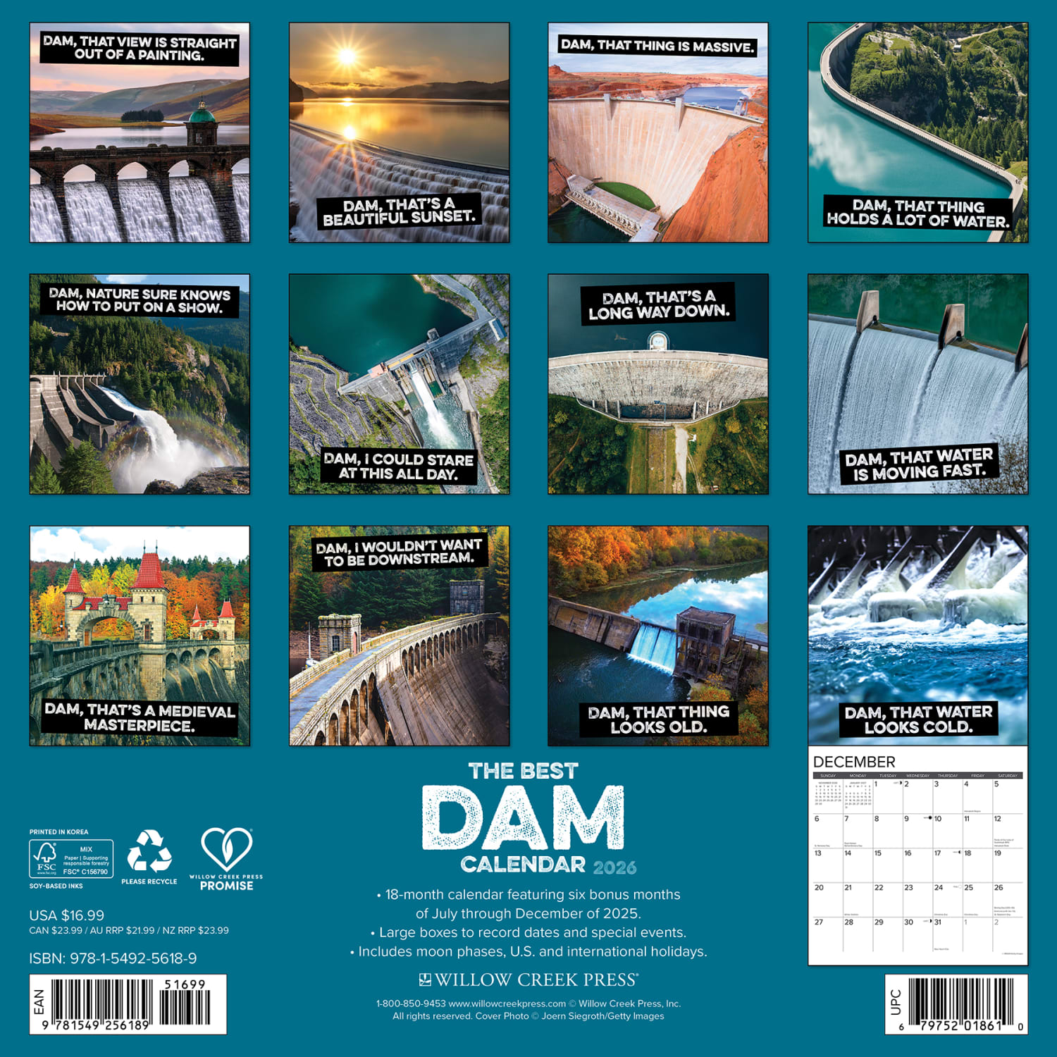 2026 Willow Creek Press Art & Design Monthly Wall Calendar, 12in x 12in, The Best Dam Calendar, January To December, 56189 - Image 6