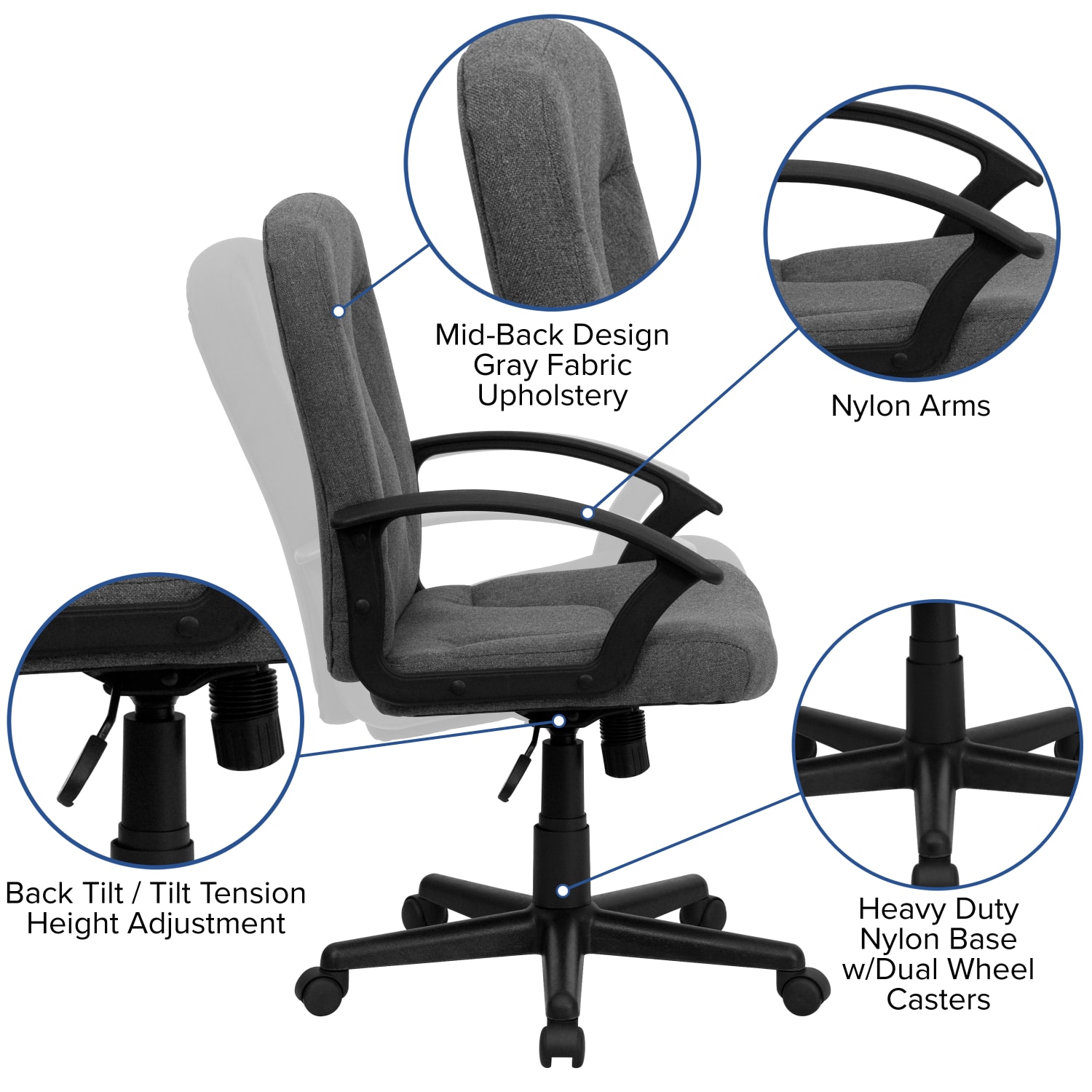 Flash Furniture Fabric Mid-Back Swivel Chair, Gray/Black - Image 6