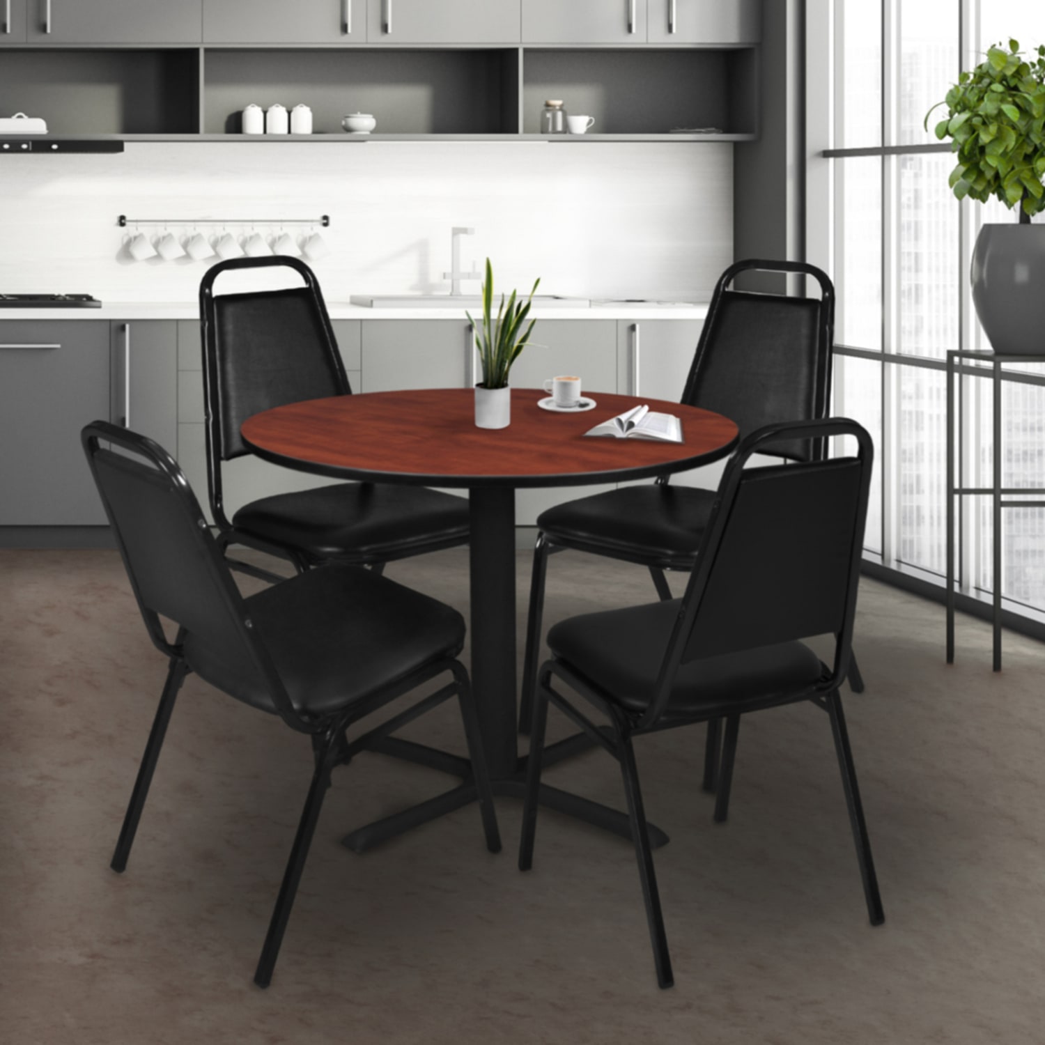 Regency Cain Round X-Base Breakroom Table, 29inH x 42inW x 42inD, Cherry/Black - Image 3