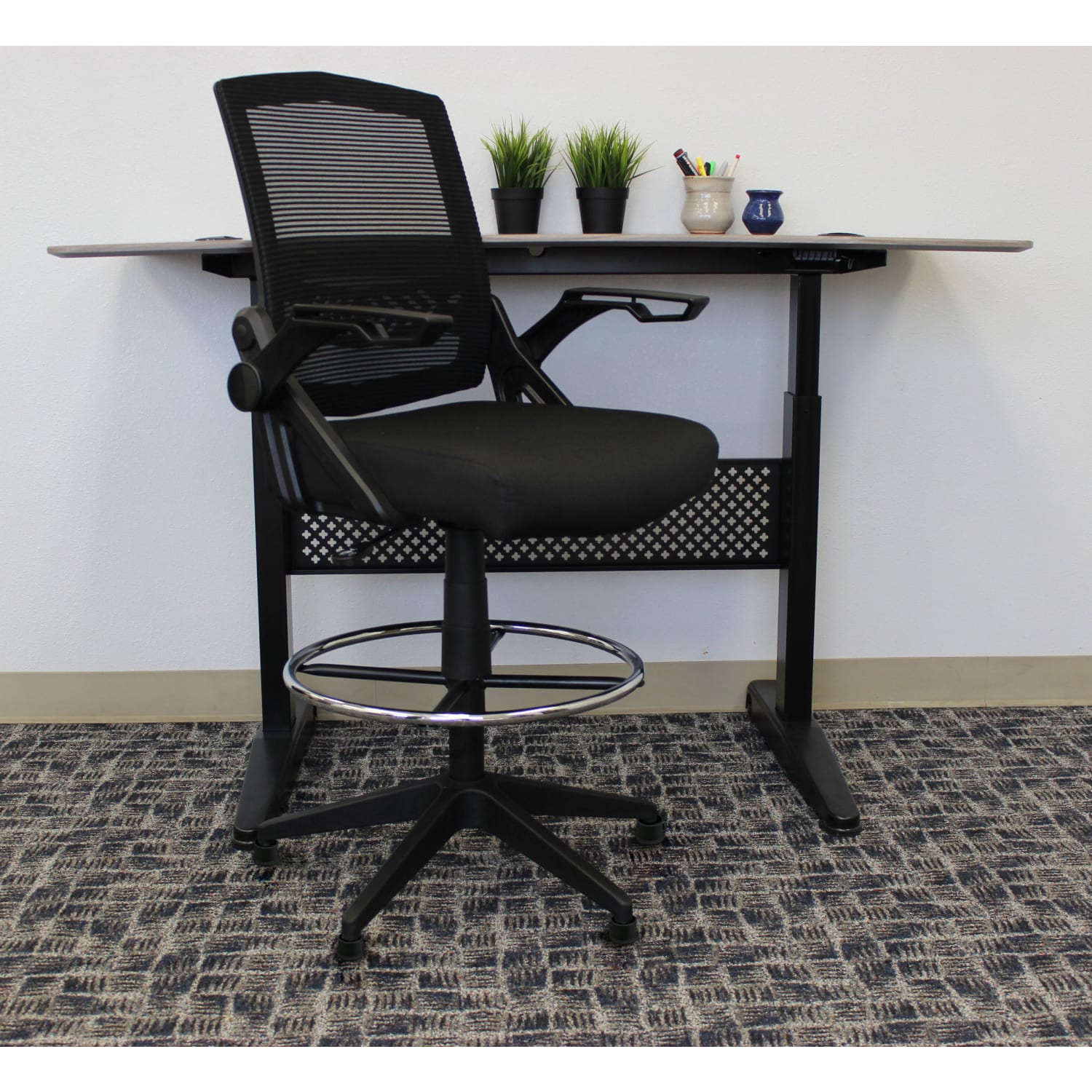 Boss Office Products Flip Arm Mesh Drafting Stool With Back, Black - Image 6