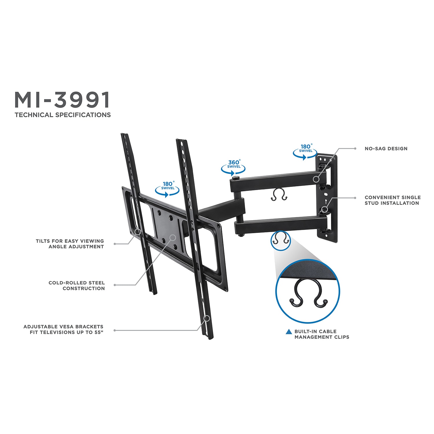 Mount-It! MI-3991B TV Wall Mount With Full Motion Articulating Arm For Screens 26 - 55in, 9-5/16inH x 19-1/4inW x 2-1/2inD, Black - Image 5