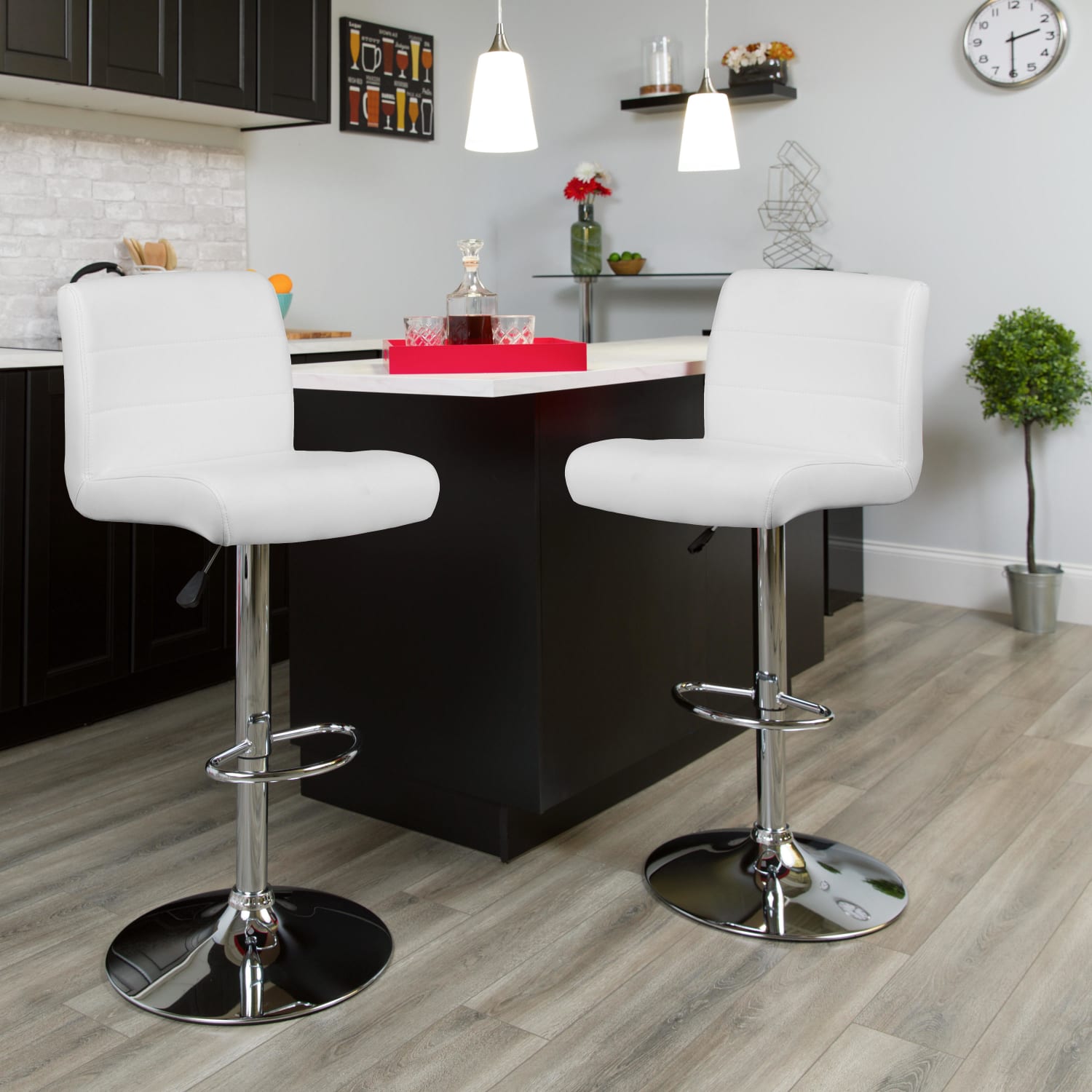 Flash Furniture Contemporary Vinyl Adjustable Height Barstool with Rolled Seat and Chrome Base, White - Image 3