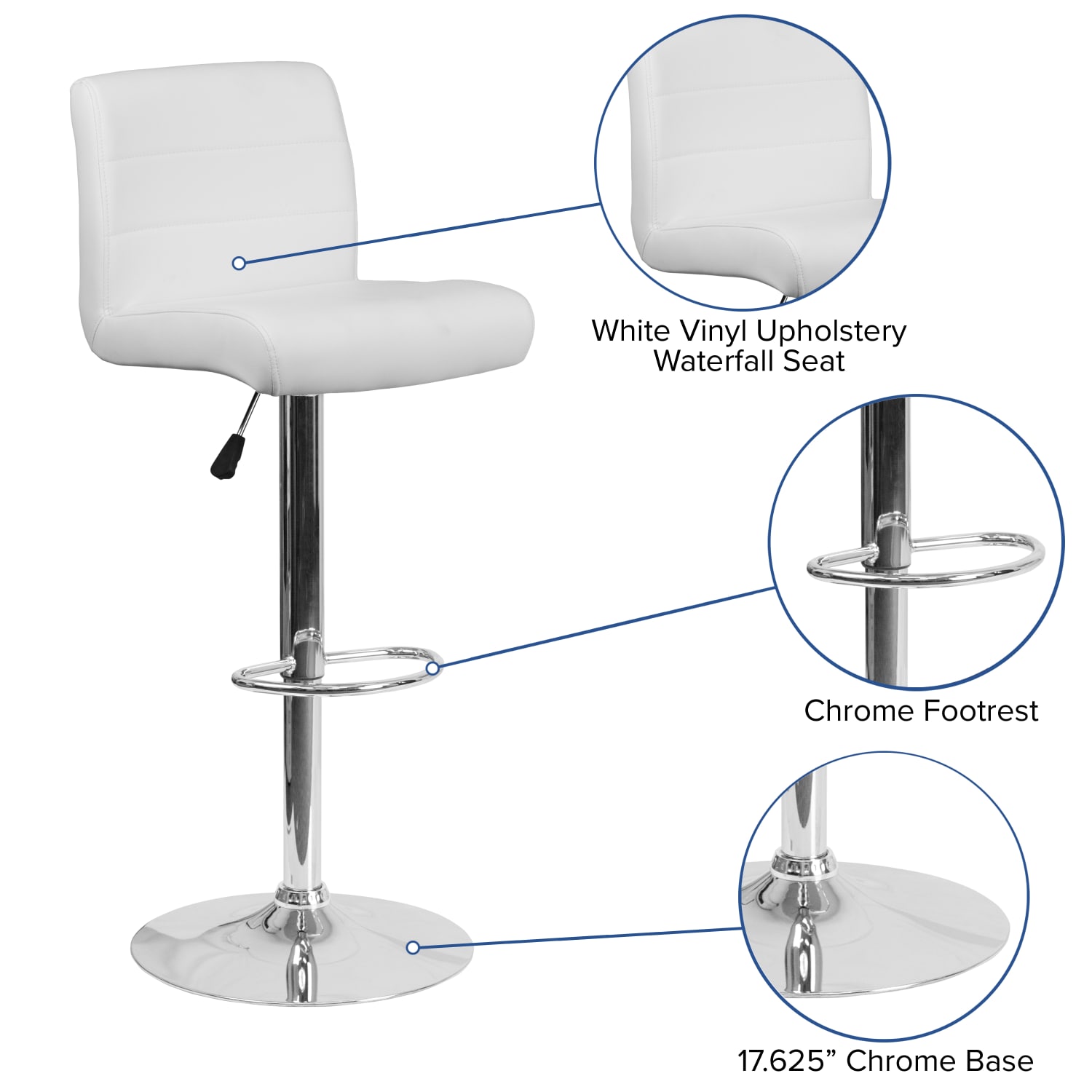 Flash Furniture Contemporary Vinyl Adjustable Height Barstool with Rolled Seat and Chrome Base, White - Image 4