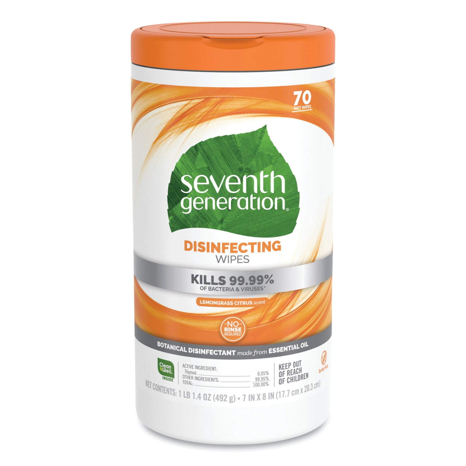 Seventh Generation Disinfectant Wipes, Lemongrass Citrus, Container Of 70 Wipes