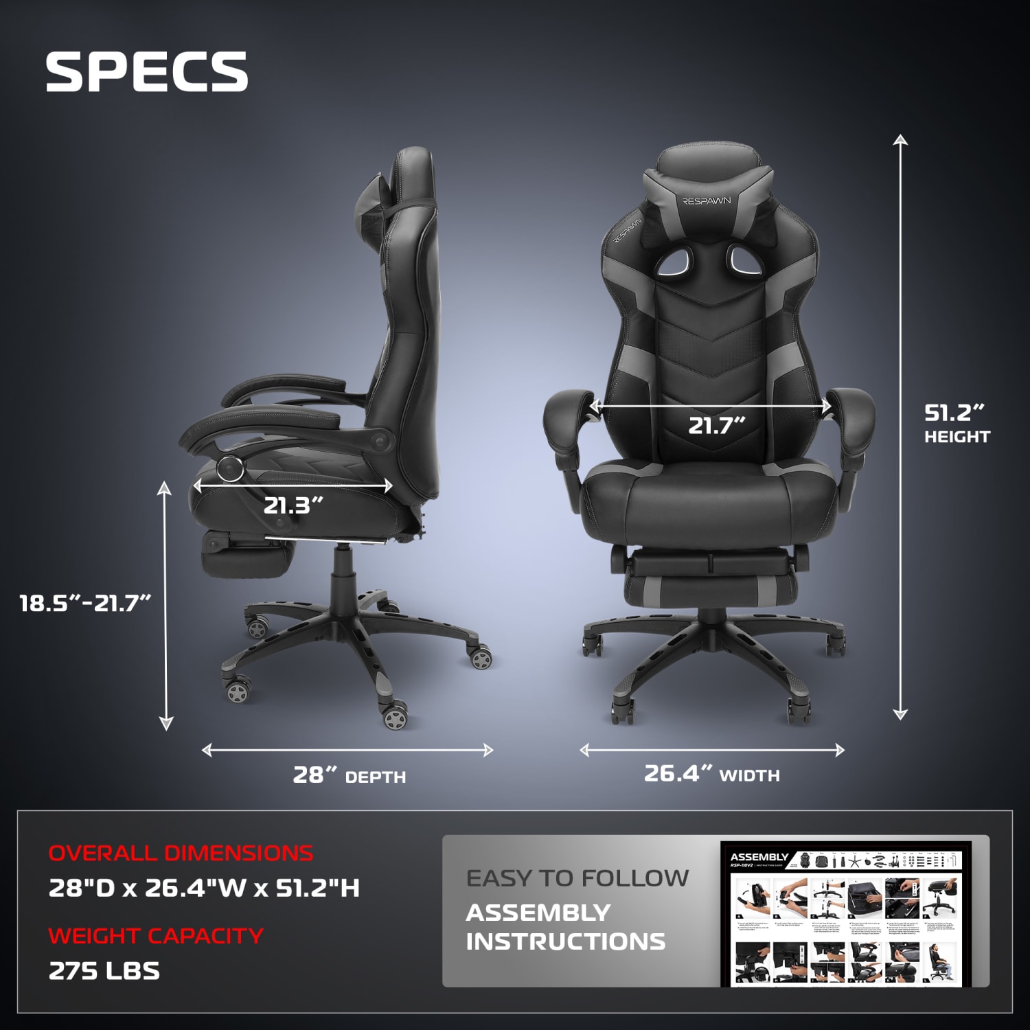 RESPAWN 110 Pro Gaming Chair, With Footrest & Headrest Pillow, Grey, RSP110V2GRY - Image 3