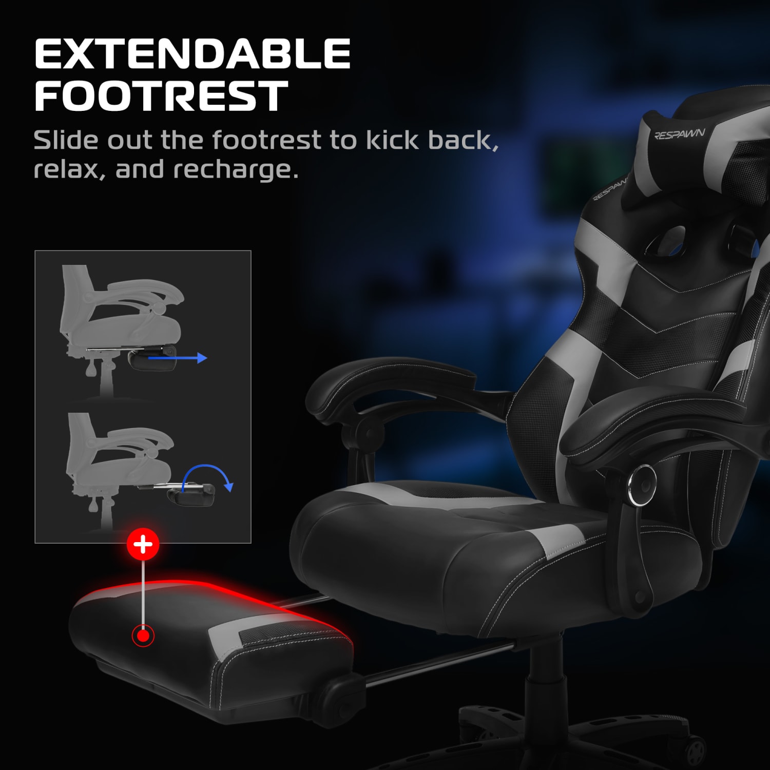 RESPAWN 110 Pro Gaming Chair, With Footrest & Headrest Pillow, Grey, RSP110V2GRY - Image 4
