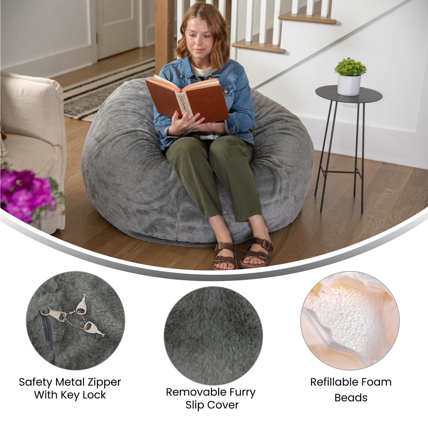 Flash Furniture Oversized Bean Bag Chair For Kids And Adults Gray Furry PopularChairscom
