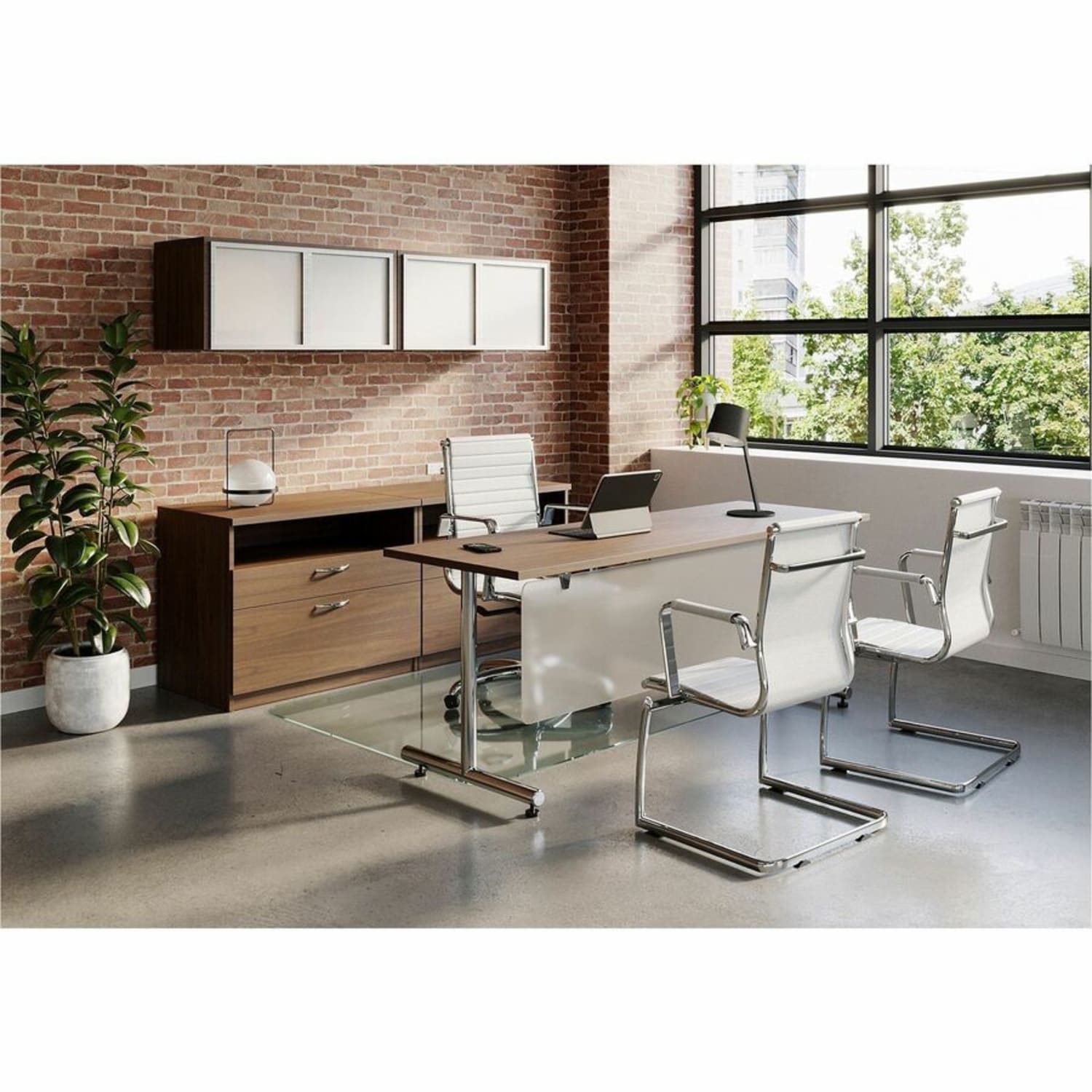 Lorell Relevance 30inW File Cabinet Computer Desk Credenza With Open Shelf, Walnut - Image 6